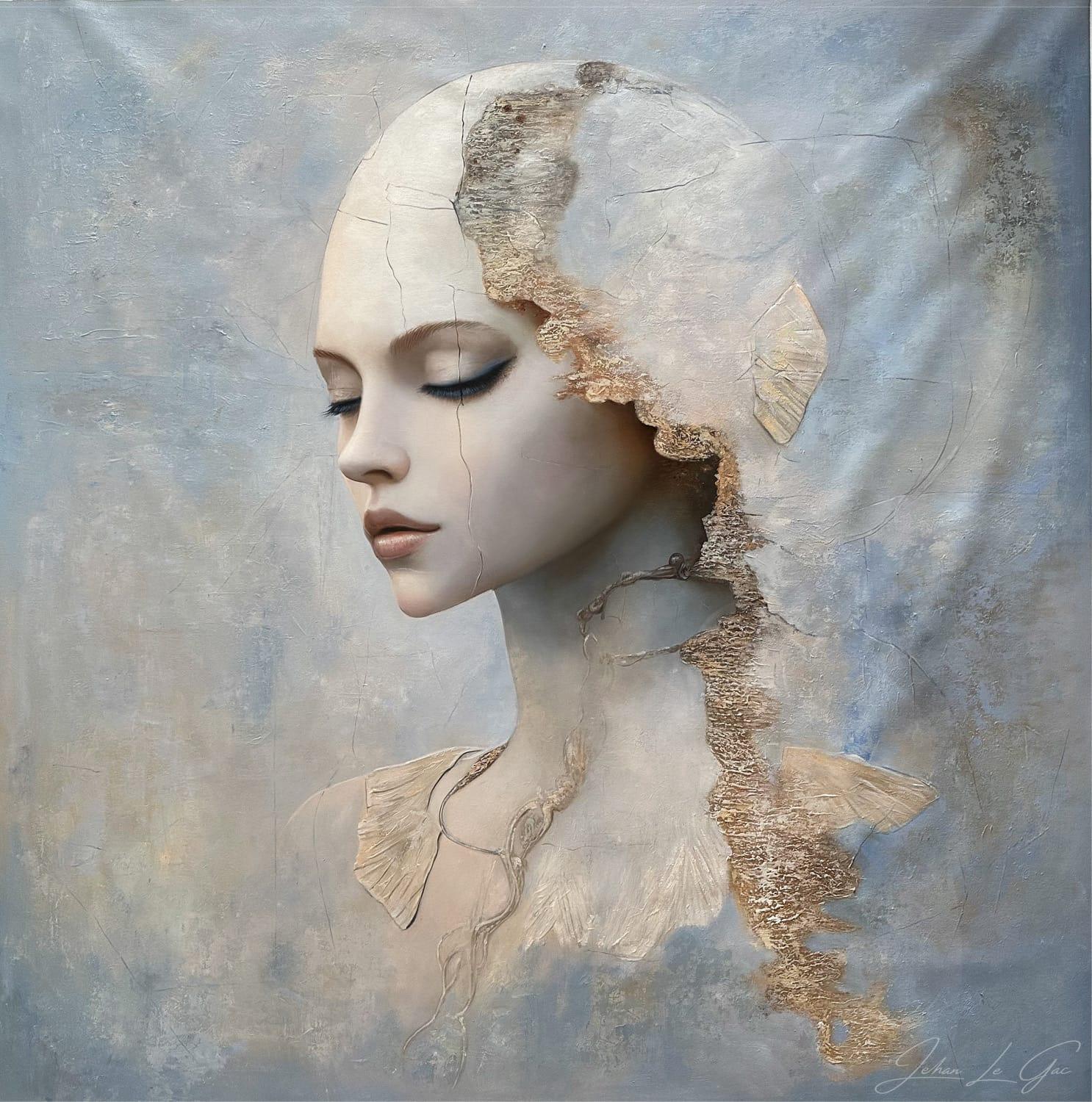 A contemplative female figure bathed in deep blues and golden light, capturing quiet strength and inner radiance in a refined, dreamlike atmosphere.