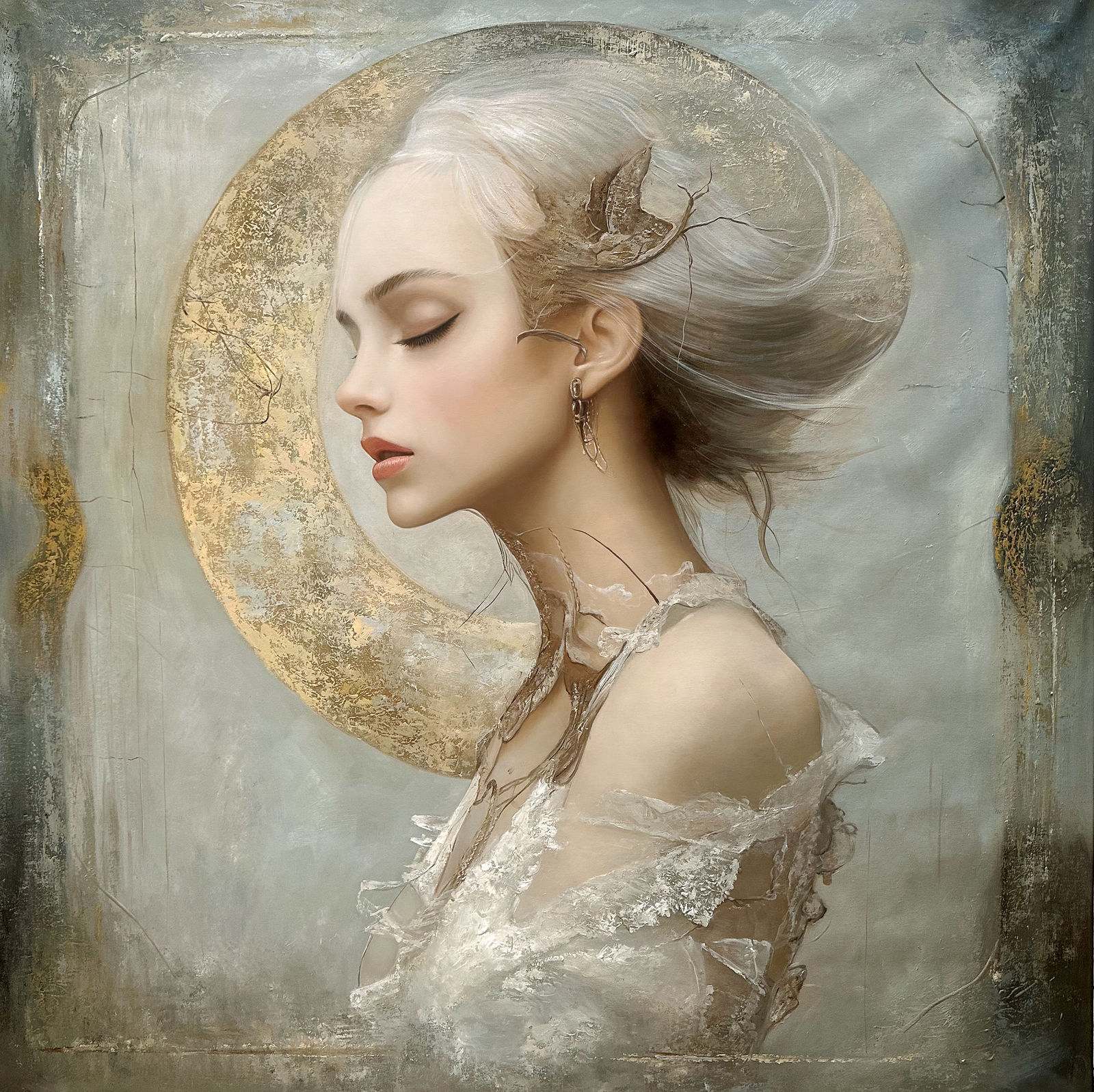 Retrato femenino de perfil, moño blanco, gran disco de oro texturado, ramas en el pelo, polilla, tela blanca que se disuelve, fondo gris dorado, 120 × 120 cm