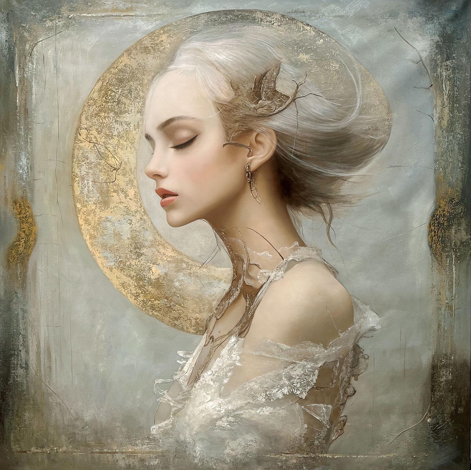 Female profile portrait, white hair chignon, large textured golden disc, organic branches in hair, moth, dissolving white fabric, grey-gold ground, 120 × 120 cm