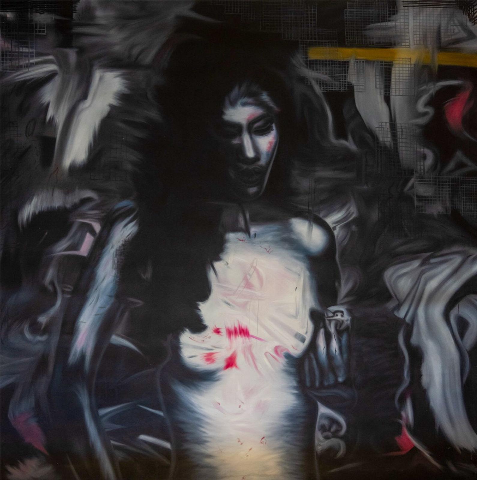 Nude woman with luminous skin against black ground with graffiti and industrial structures, red marks on bust, large format contemporary figurative painting.