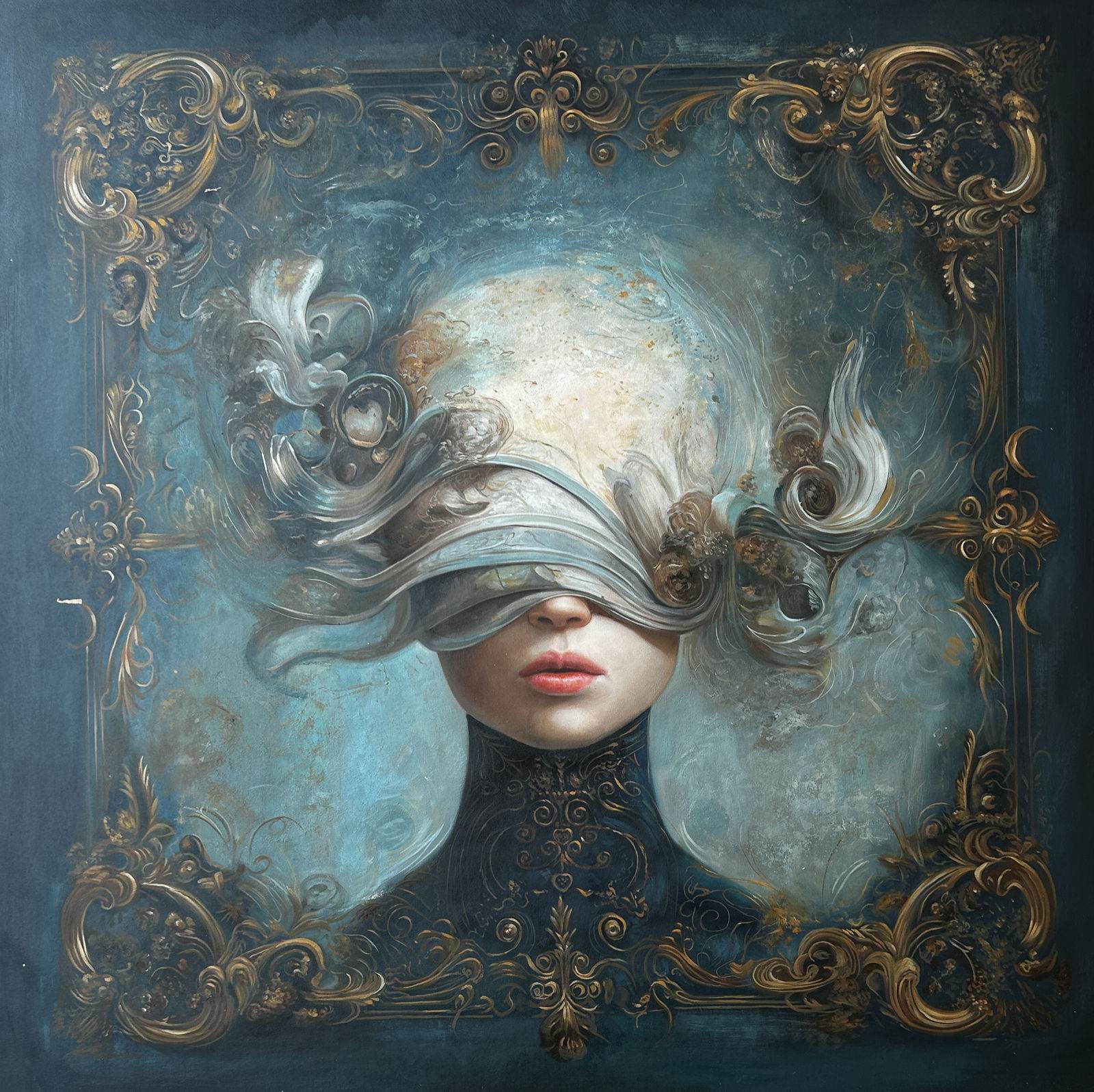 Frontal female portrait on teal ground, sculpted baroque blindfold over the eyes, gilded frame integral to the composition, black high collar, red lips, 120 × 120 cm