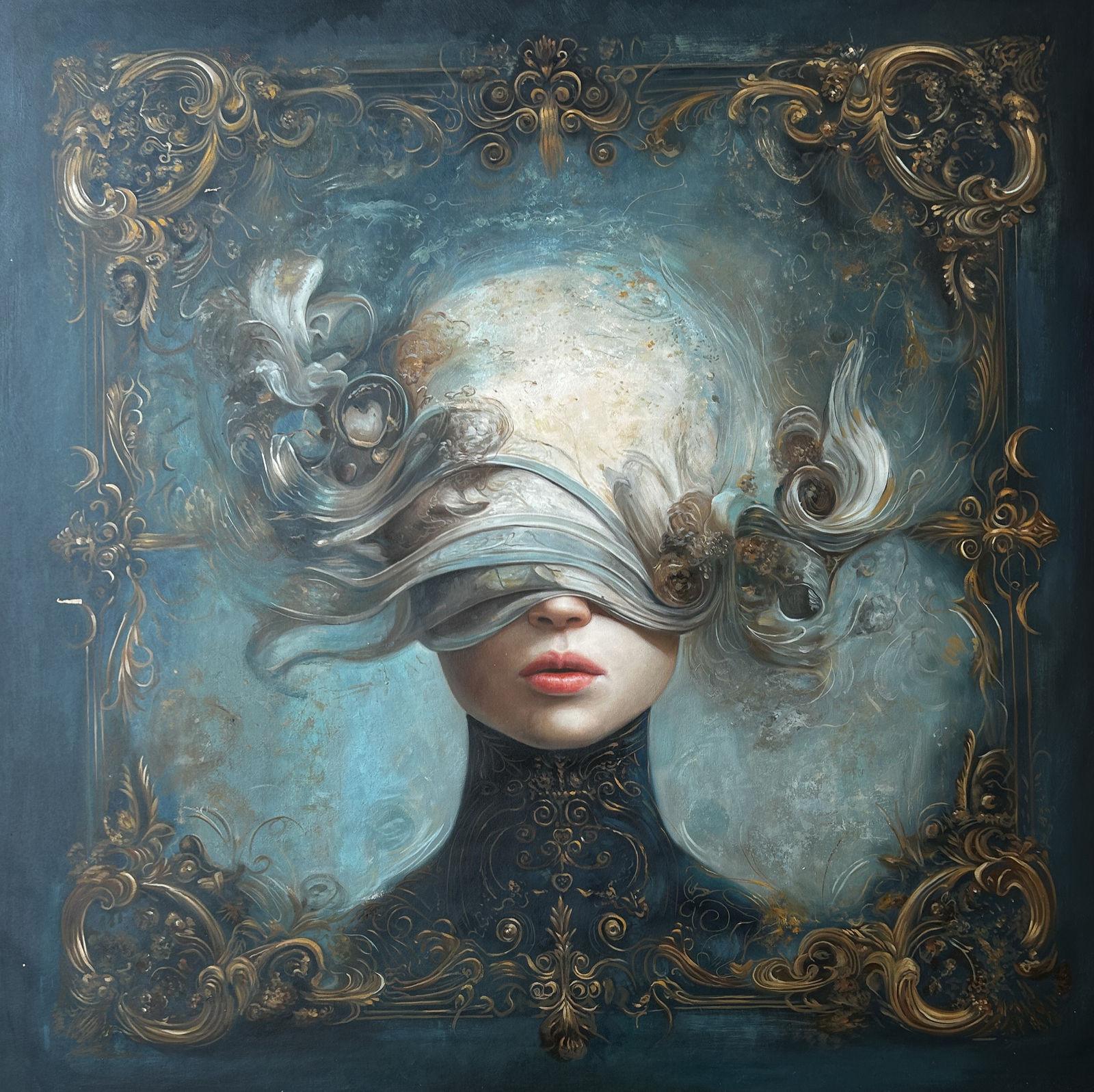 Frontal female portrait on teal ground, sculpted baroque blindfold over the eyes, gilded frame integral to the composition, black high collar, red lips, 120 × 120 cm