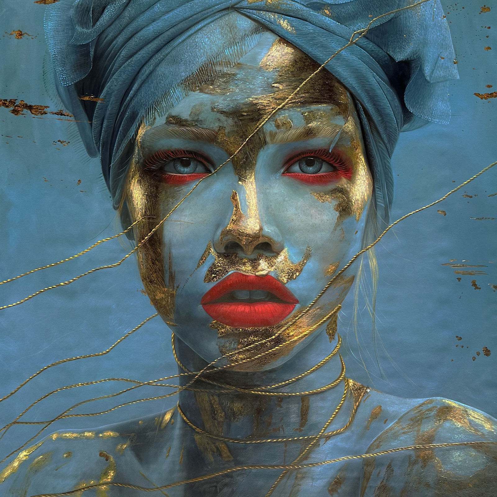 ภาพเหมือนสตรีโผล่จากพื้นน้ำเงินเข้ม บรรยากาศบางเบา 150 × 150 ซม.
