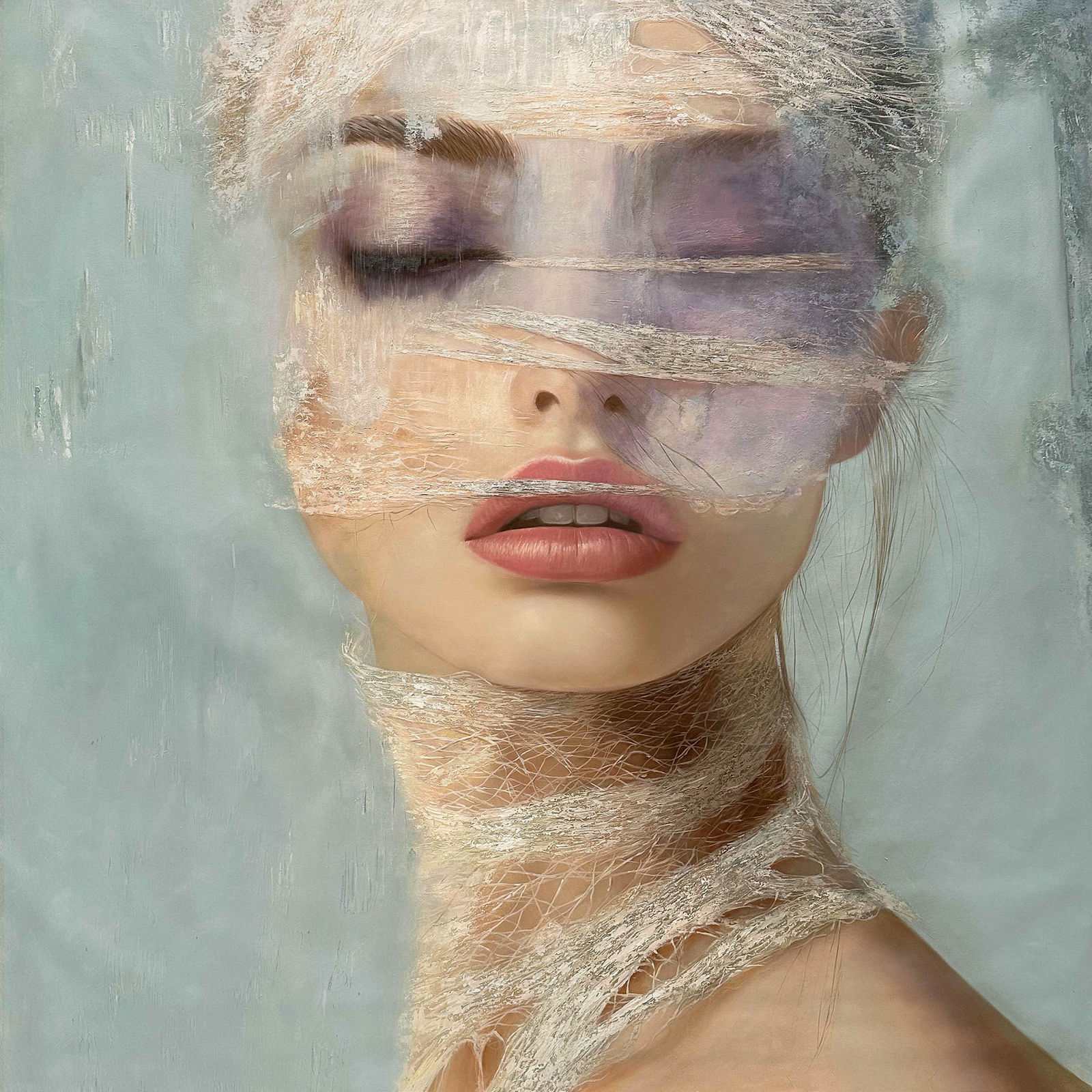 Female portrait in chrysalis, amber and warm ochre palette, gold leaf, transformation and potential, 150 × 150 cm