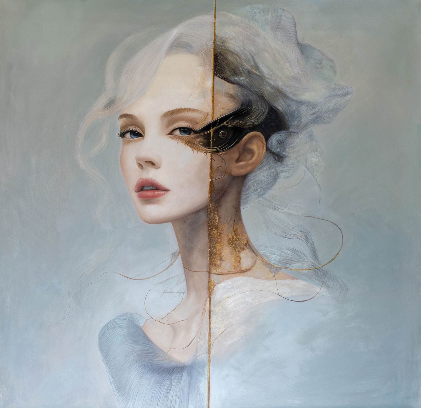 Sovereign female portrait at light-darkness intersection, pearlescent flesh and deep browns, gold leaf, 150 × 150 cm