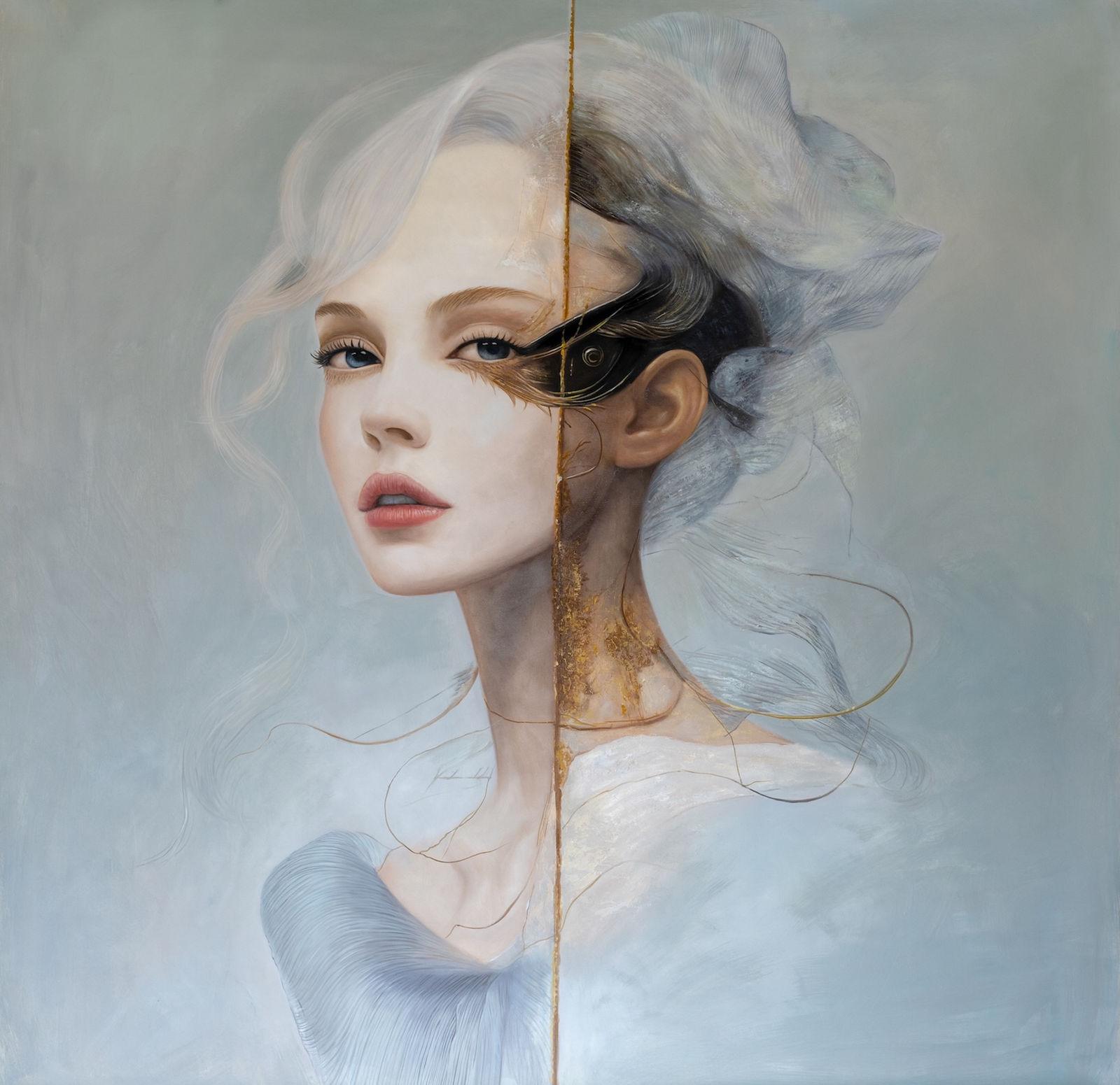 Sovereign female portrait at light-darkness intersection, pearlescent flesh and deep browns, gold leaf, 150 × 150 cm
