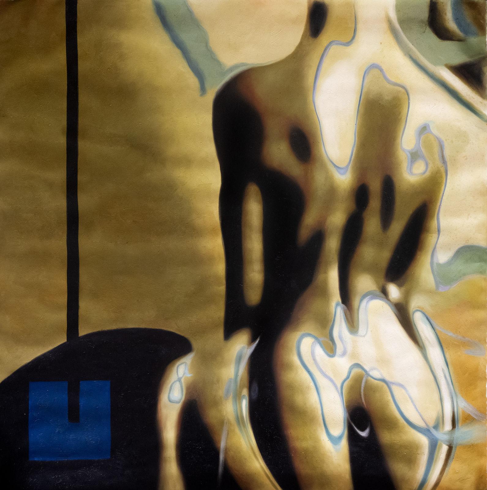 A nude figure seen from behind, head turned to the side, against a pale ground, oil on canvas by Jehan Legac.