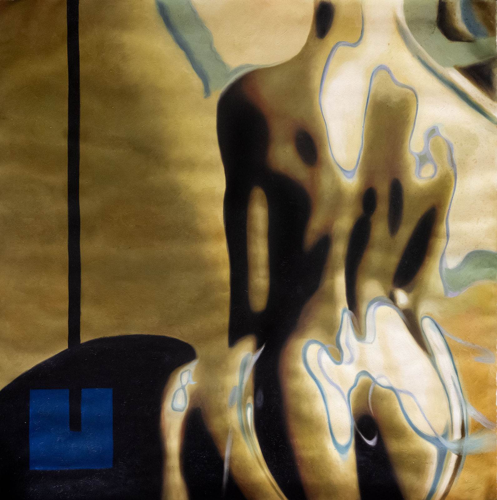 A nude figure seen from behind, head turned to the side, against a pale ground, oil on canvas by Jehan Legac.