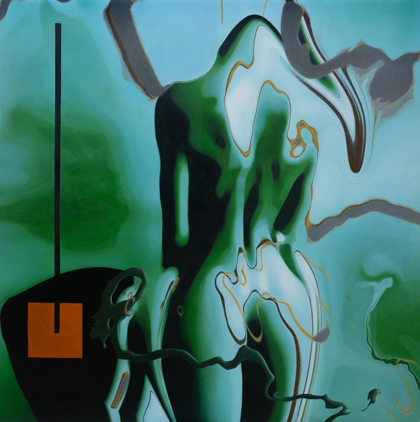 A nude figure seen from behind, head turned slightly, against a muted grey-green ground, oil on canvas by Jehan Legac.