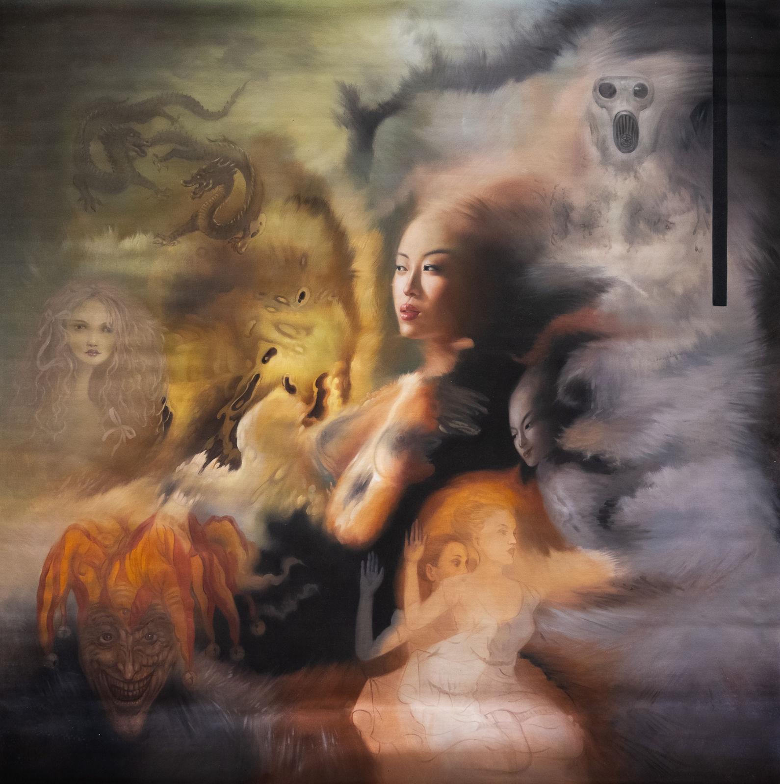 Large surrealist composition, woman at centre surrounded by mythical creatures: golden dragon, fire lion, jester demon, female spectres, bipartite warm and cold ground, 160×160 cm.