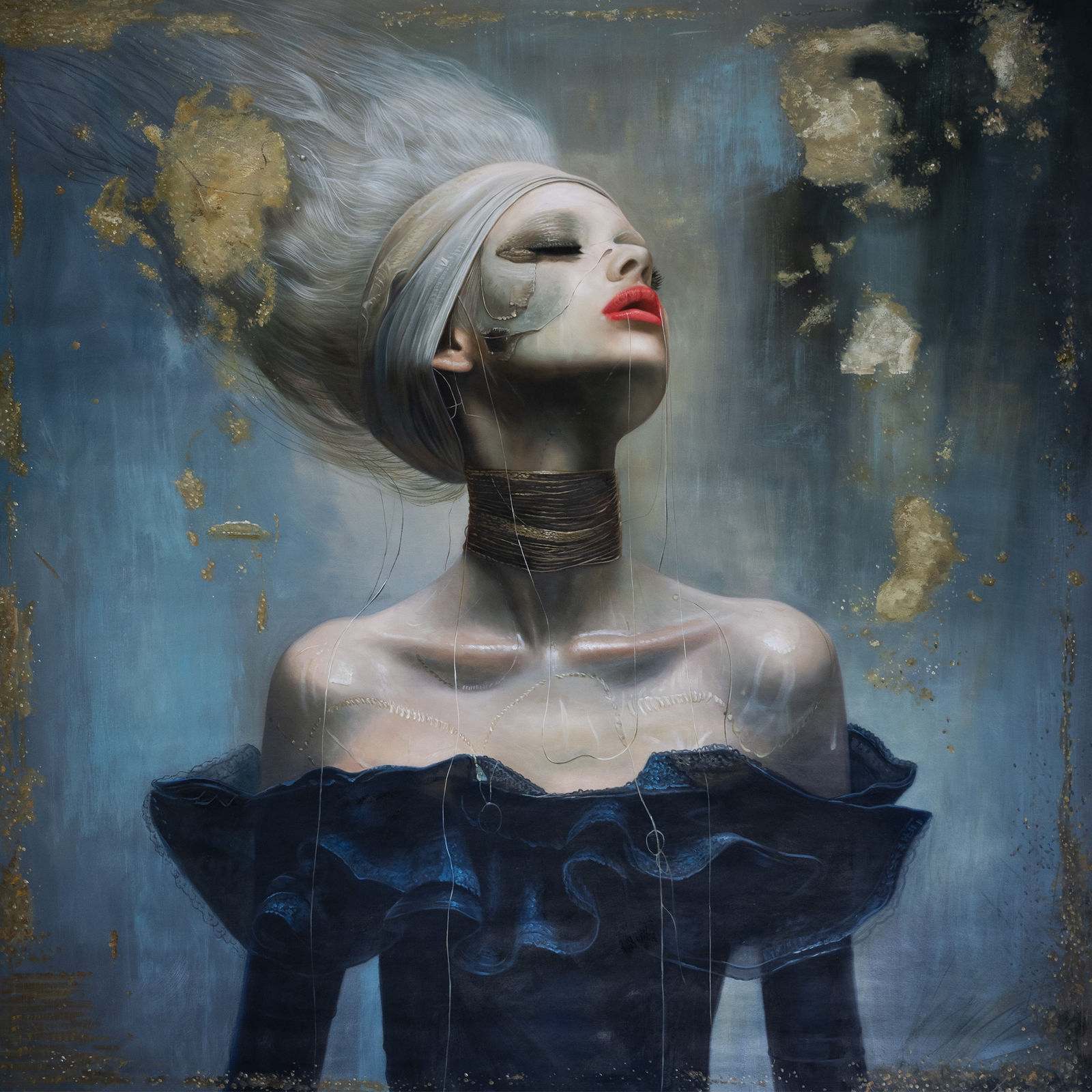 Female portrait with interior light, translucent pearl palette, layered pictorial matter, 150 × 150 cm