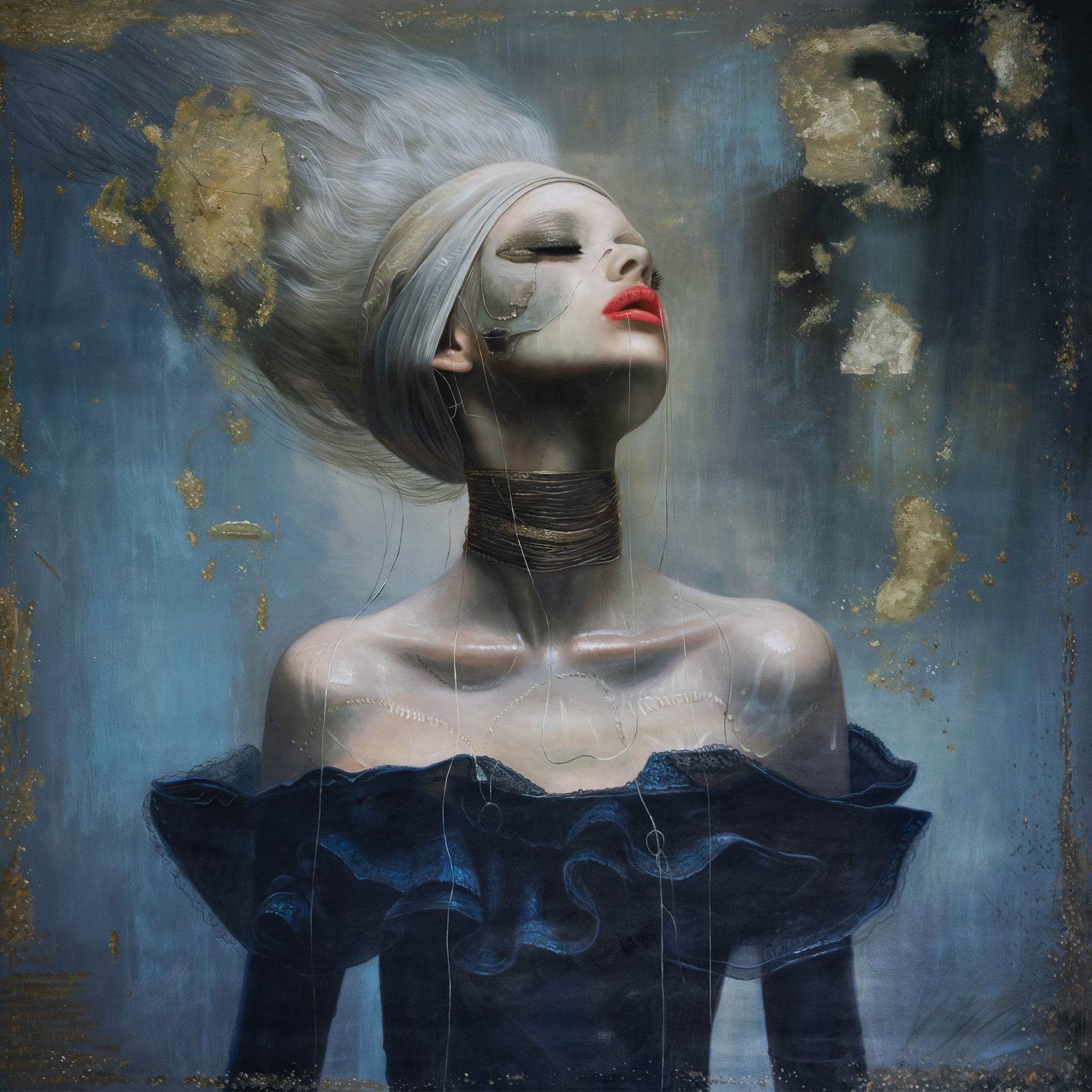 Female portrait with interior light, translucent pearl palette, layered pictorial matter, 150 × 150 cm