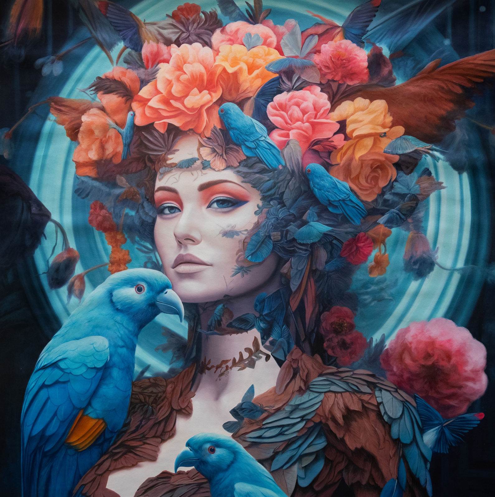 Female portrait facing viewer, monumental headdress of orange peonies and roses with blue parrots, turquoise halo ground, feathers on shoulders.