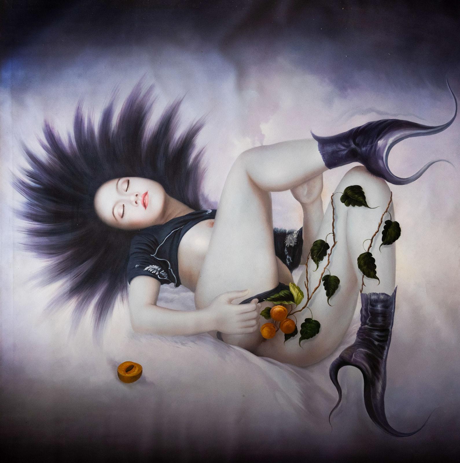 Reclining nude woman with black hair, demonic boots and orange-fruit vine against violet gradient ground, large format.