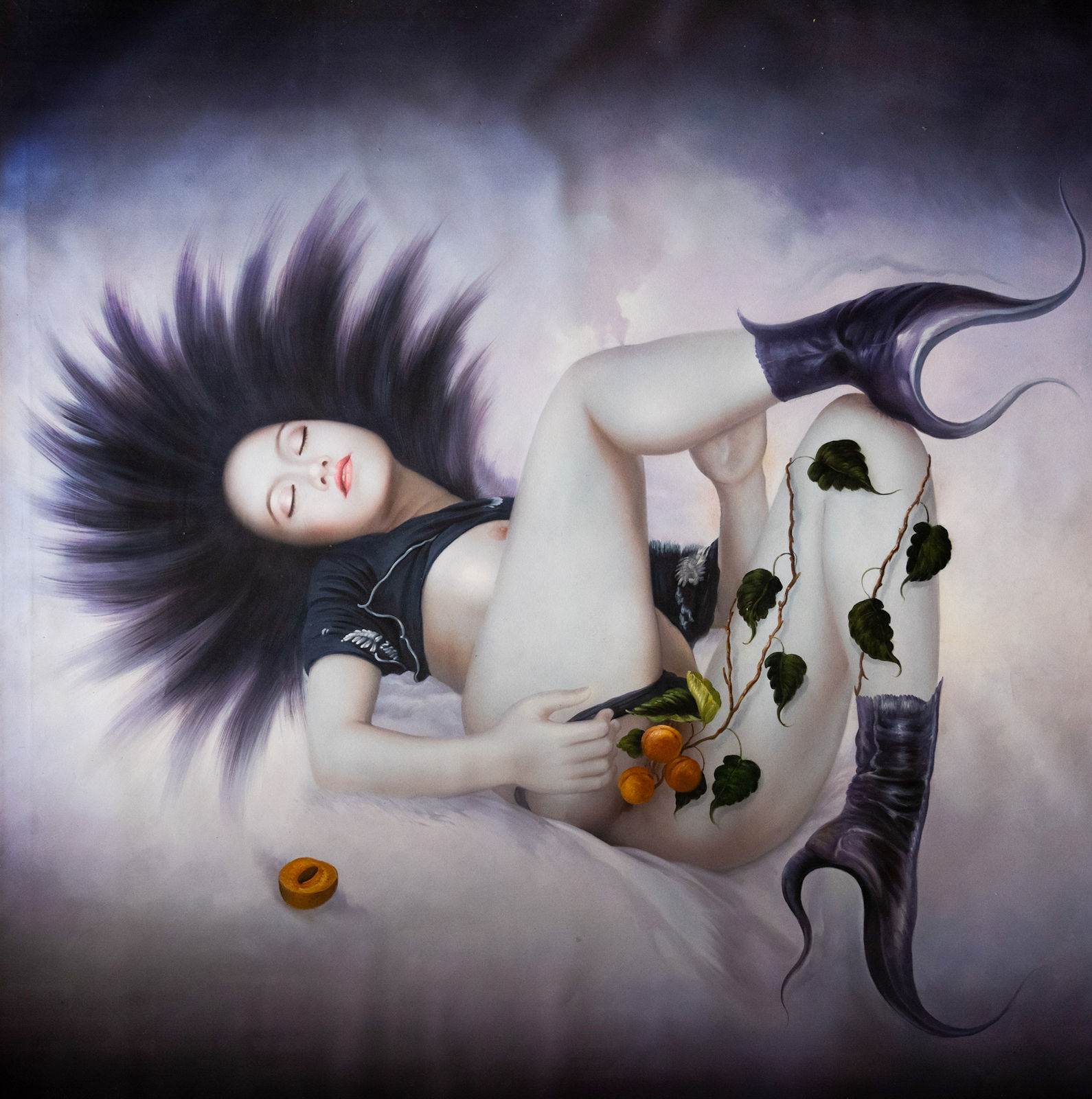 Reclining nude woman with black hair, demonic boots and orange-fruit vine against violet gradient ground, large format.