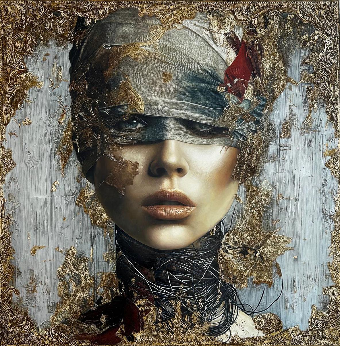 Female portrait, torn dark veil revealing gold and one eye, chased gilded baroque frame, neck wrapped in dark threads, grey striated ground, 120 × 120 cm.