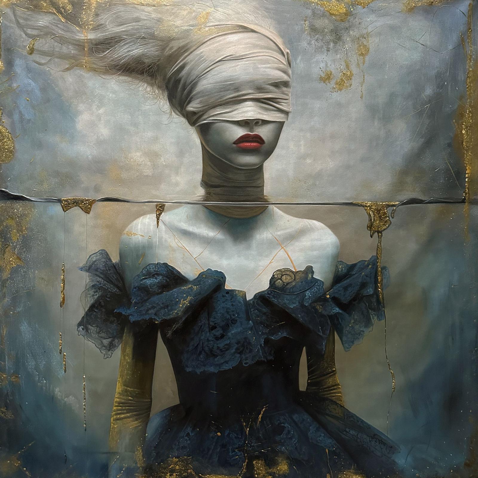 Female portrait in aquatic atmosphere, translucent blues and jade greens, white light touches, 150 × 150 cm