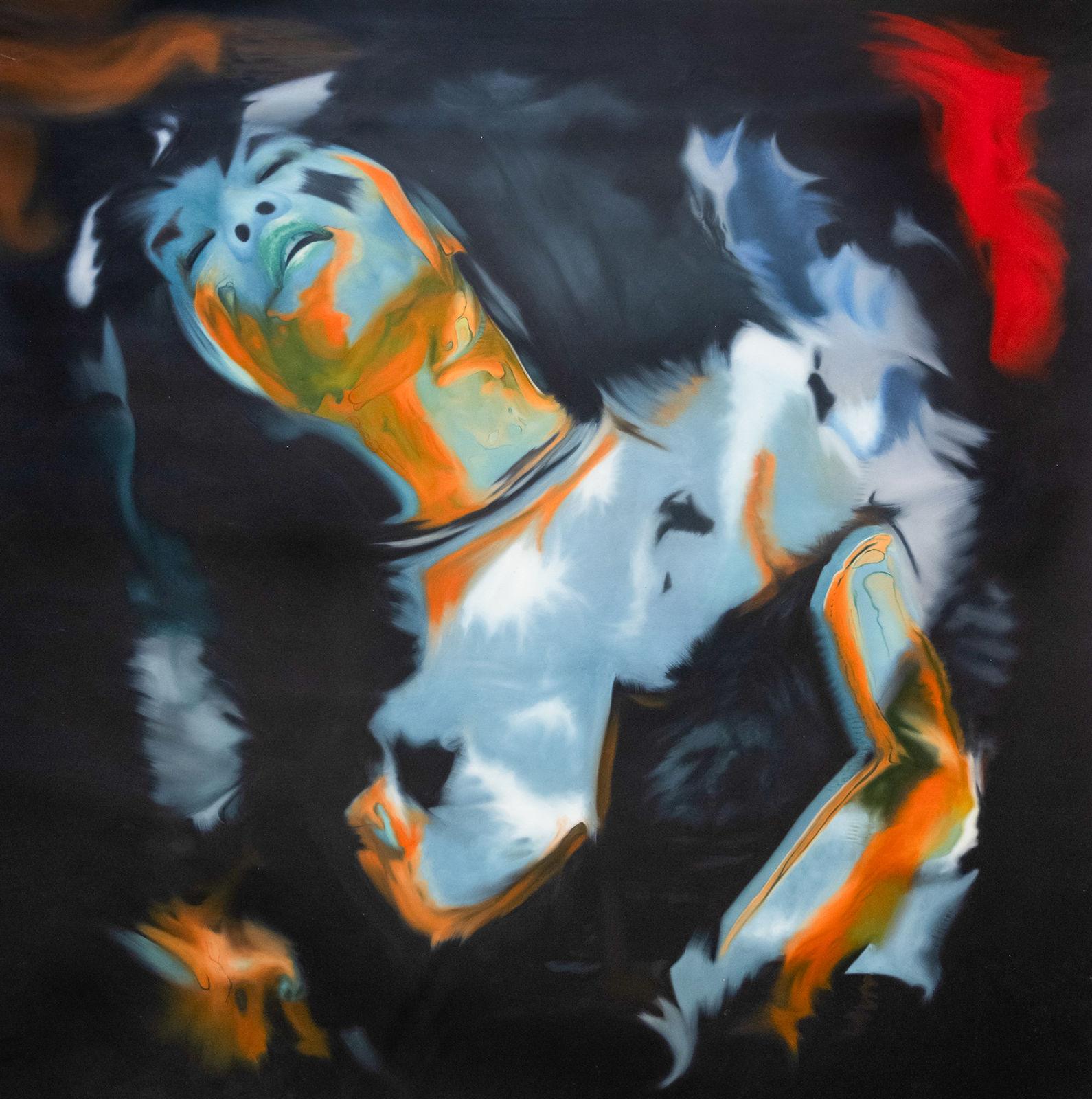 Human figure head thrown back against absolute black ground with burnt orange and glacial blue marks, large format expressionist painting.