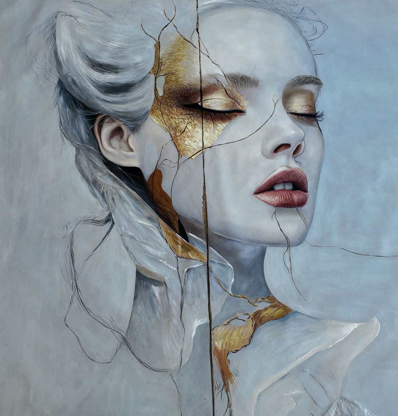 Female portrait eyes closed, vertical gold line traversing face from forehead to neck, silver upswept hair, pale blue-grey ground, 120 × 120 cm.