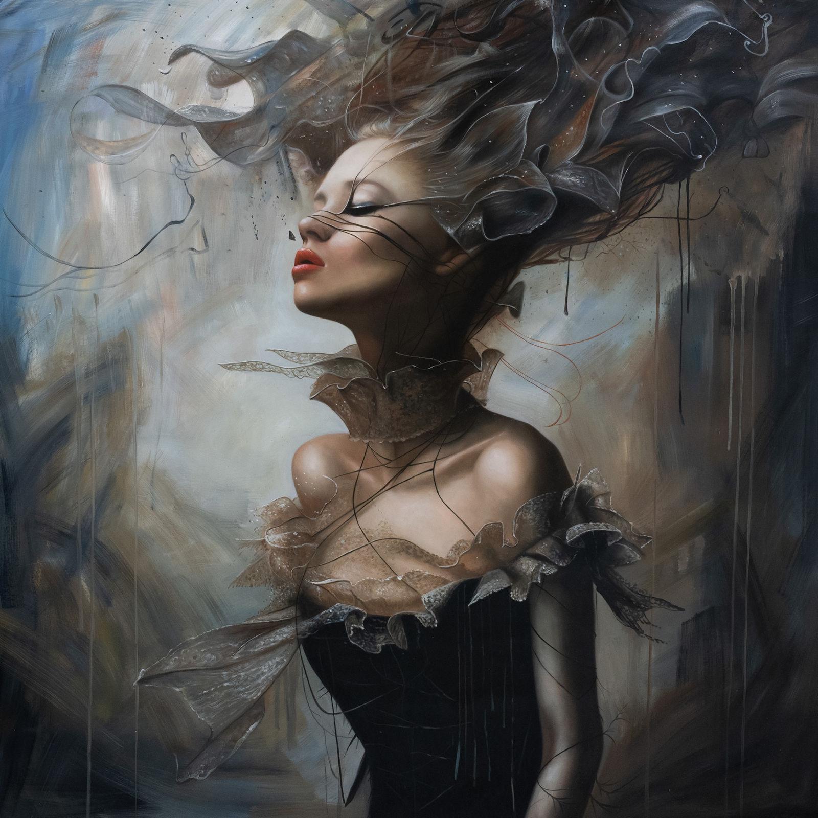Sovereign female portrait in reverie, royal gold and ochre palette, gold leaf, luminous modeling, 150 × 150 cm