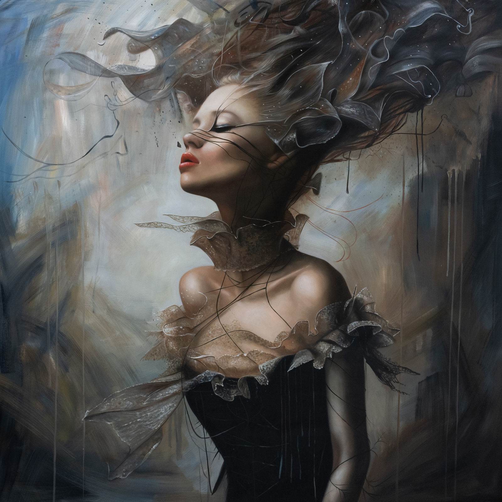 Sovereign female portrait in reverie, royal gold and ochre palette, gold leaf, luminous modeling, 150 × 150 cm