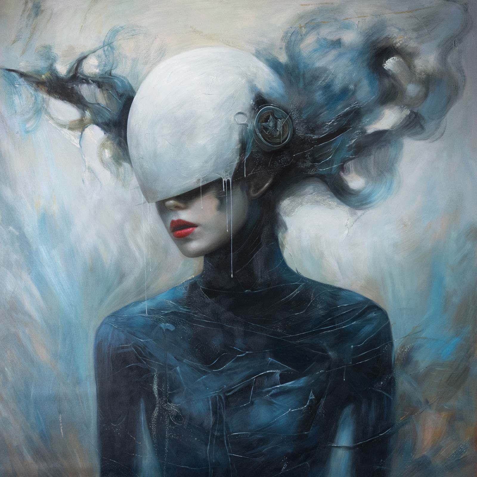 Sovereign female portrait, immaculate white helmet, dark ground, gold leaf, mystical presence, 150 × 150 cm