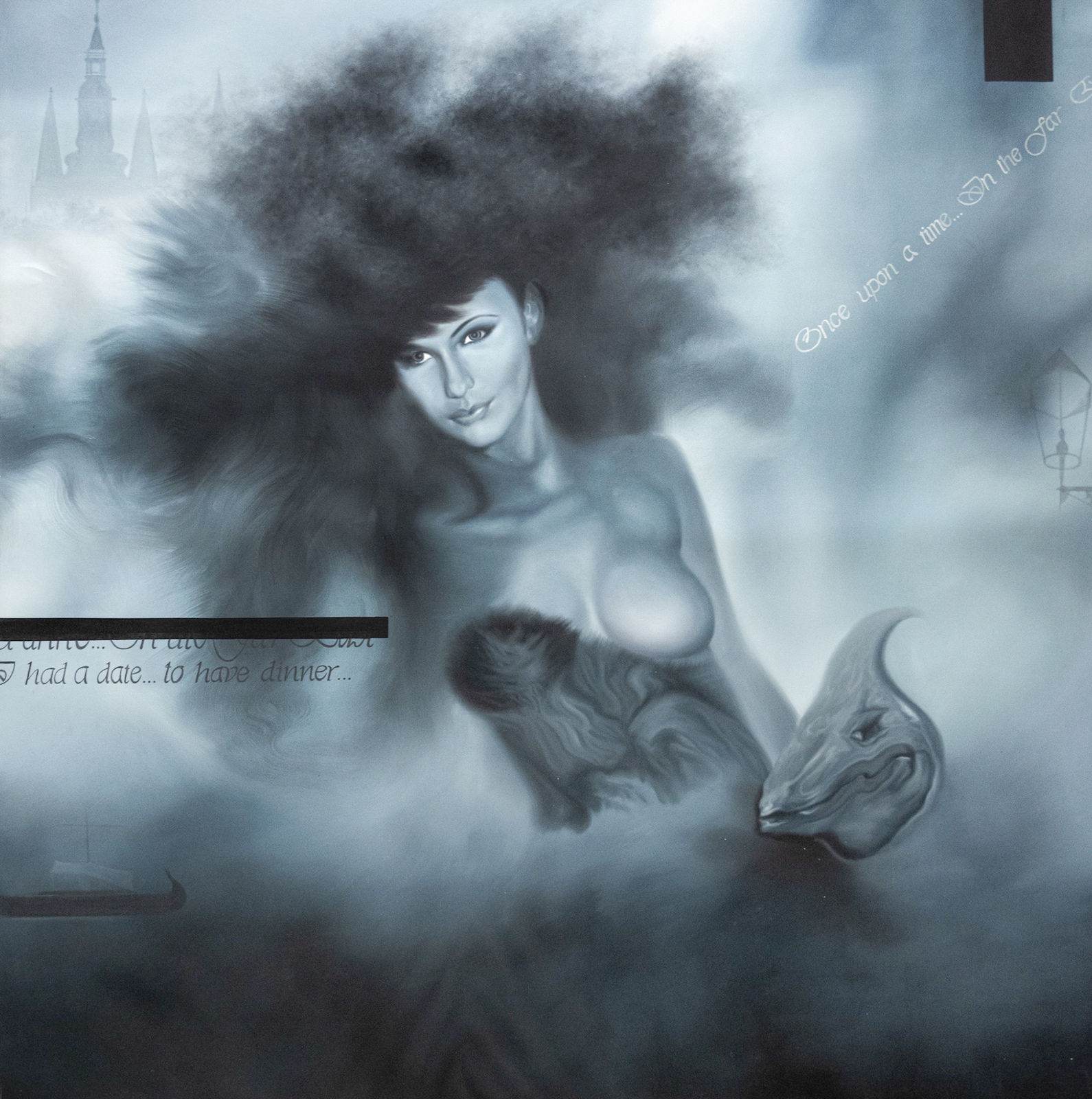 Woman with large black hair holding animal with dragon and cathedral spires in mist, monochrome grey-blue large format painting.
