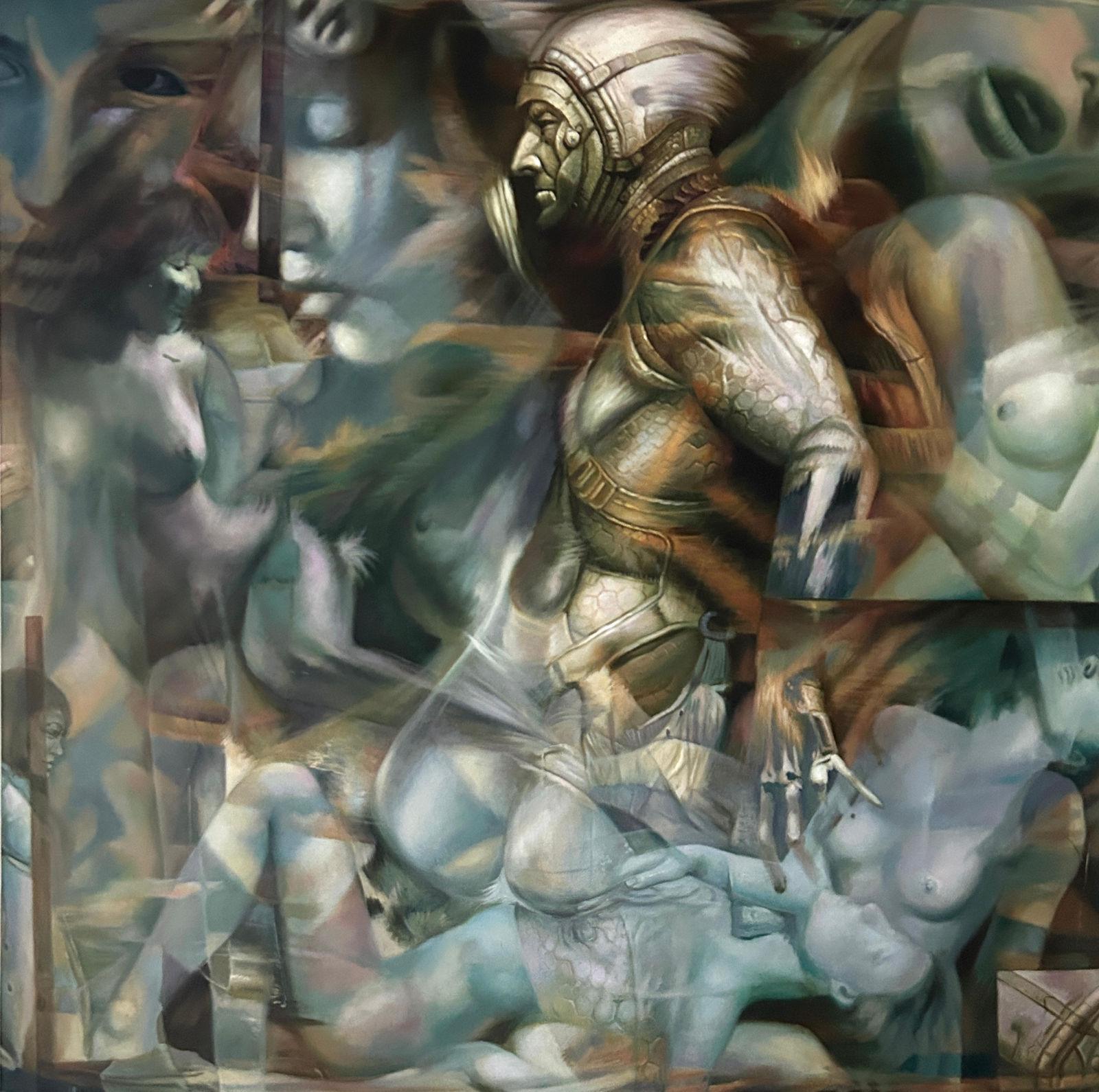Armoured warrior in gold surrounded by entangled nude human bodies on blue-grey ground, square format 120×120 cm, surrealist figurative painting.