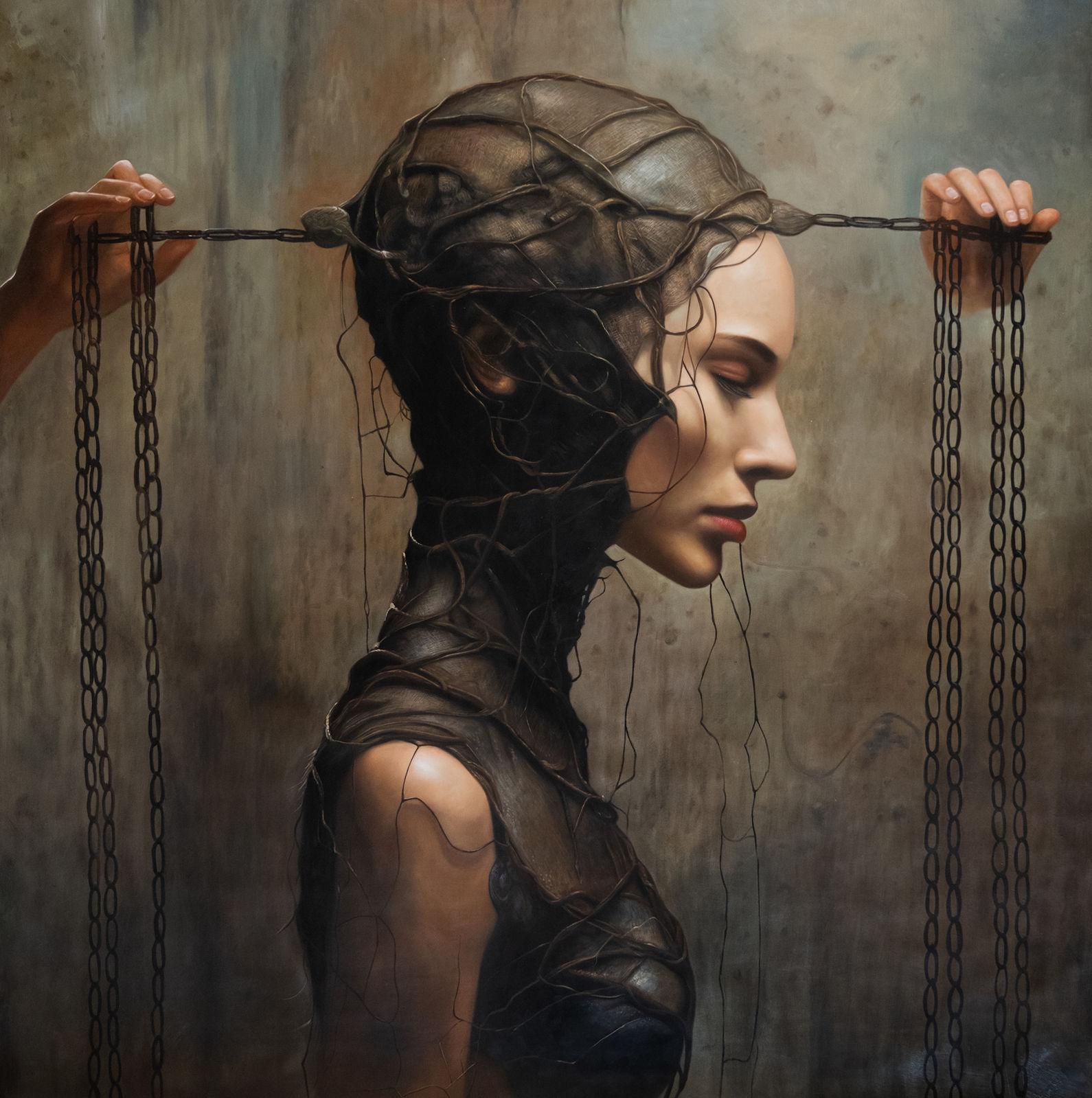Woman in profile with rusty organic veil on skull, two metal chains held by off-canvas hands, textured grey-blue ground, 150×150 cm.