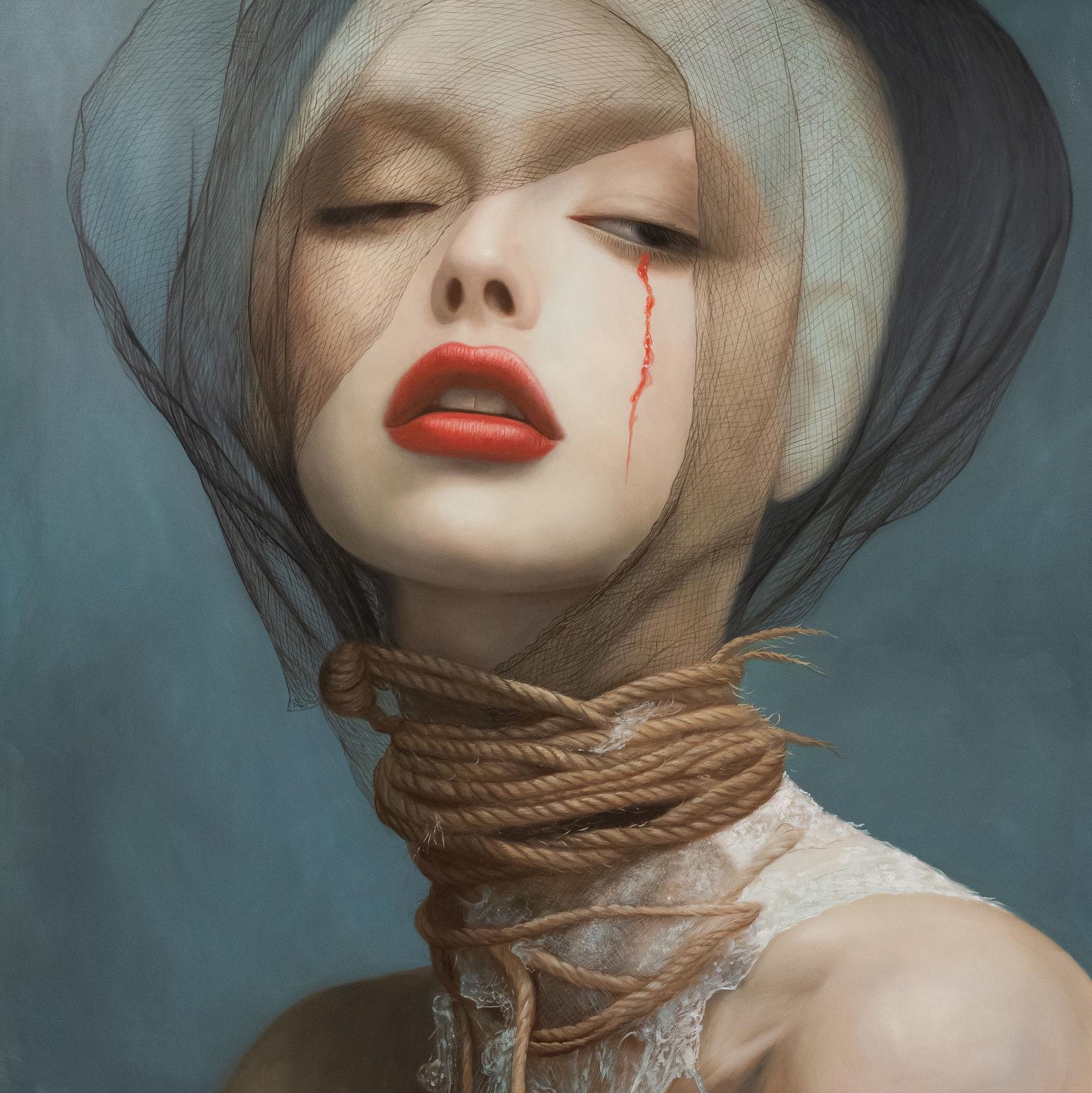 Female portrait veiled in scarlet red, complexion in dialogue with veil, dark ground, gold touches, 150 × 150 cm