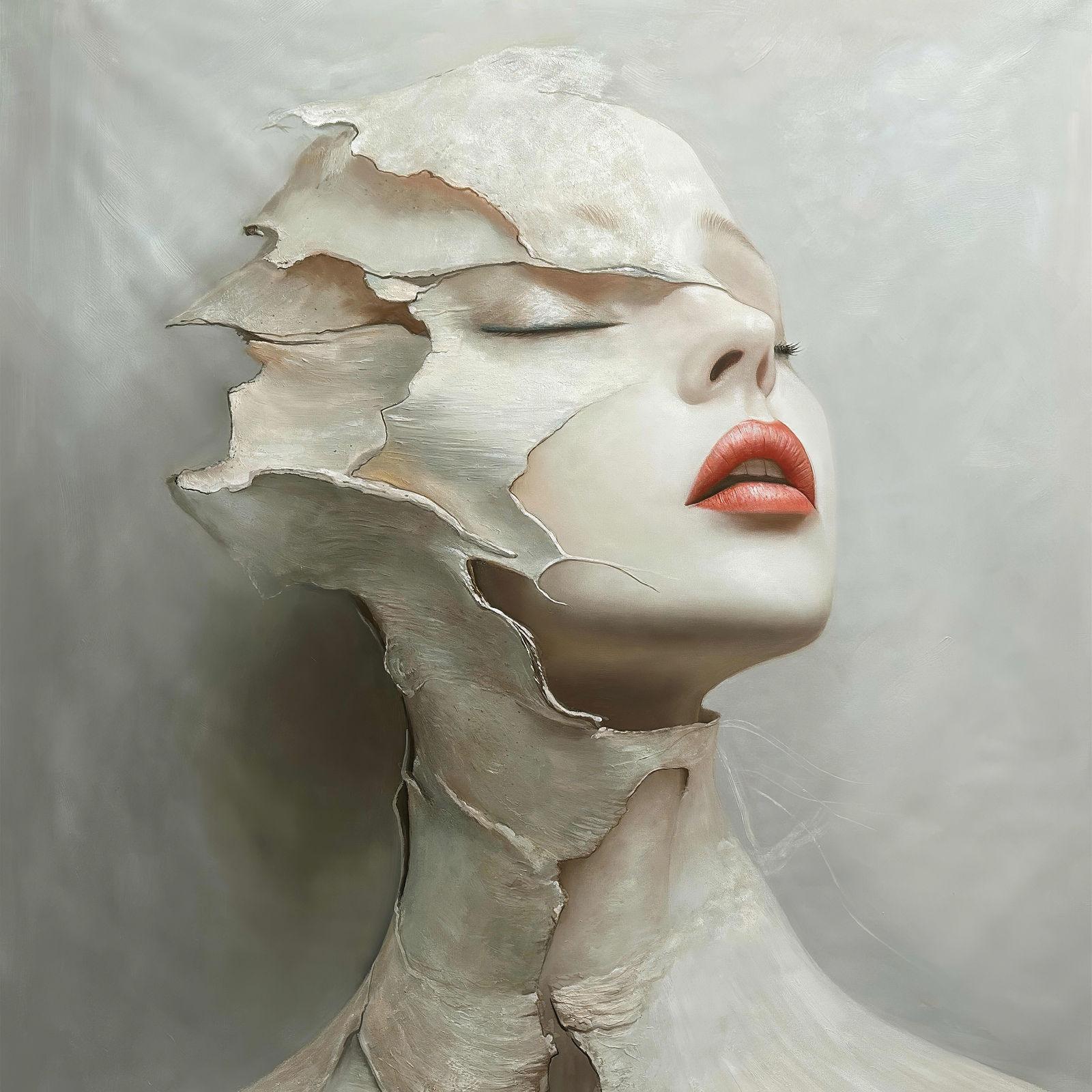 Female portrait serene yet fragile, silent tension in the composition, 150 × 150 cm