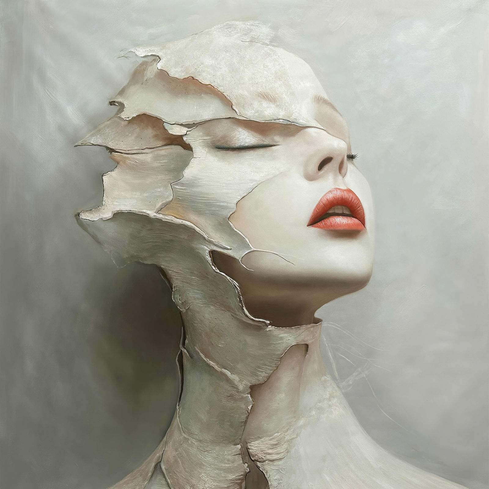 ภาพเหมือนสตรีสงบแต่เปราะบาง ความตึงเครียดเงียบในองค์ประกอบ 150 × 150 ซม.