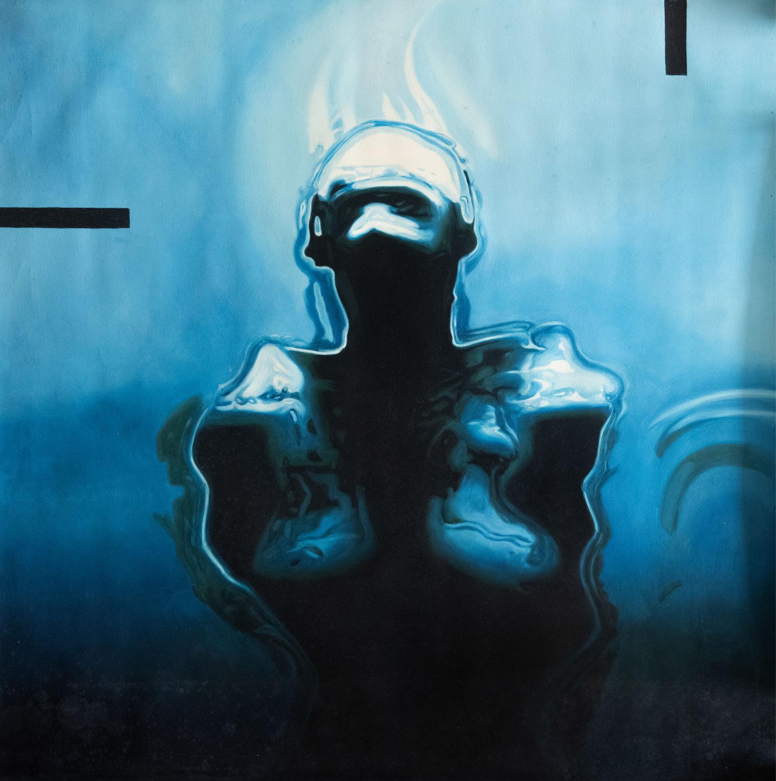 A blue-toned nude figure leaning back, a hand reaching across the body, oil on canvas by Jehan Legac.