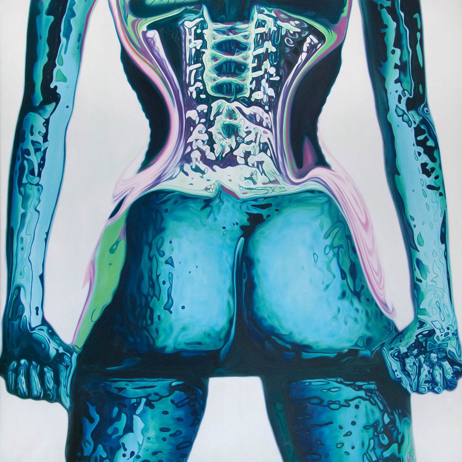A nude figure in blue, seen from behind and to the side, one hand held near the face, oil on canvas by Jehan Legac.