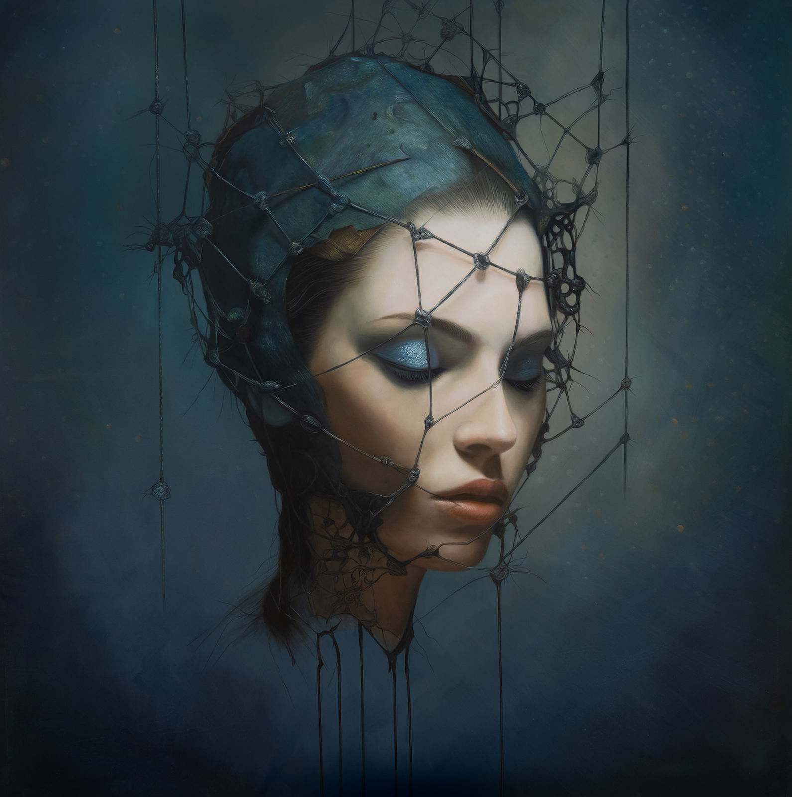 Female portrait close-up, head covered in metallic wire network with nodes, misty blue ground, eyes closed, 116×116 cm.