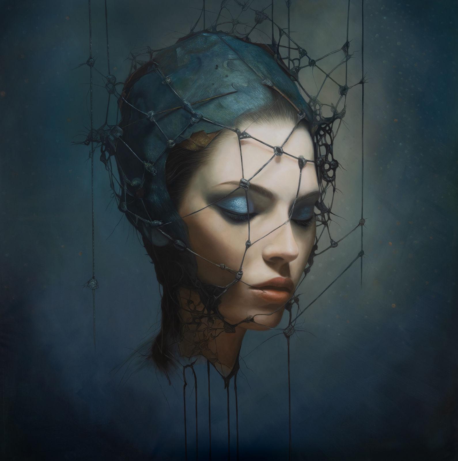 Female portrait close-up, head covered in metallic wire network with nodes, misty blue ground, eyes closed, 116×116 cm.