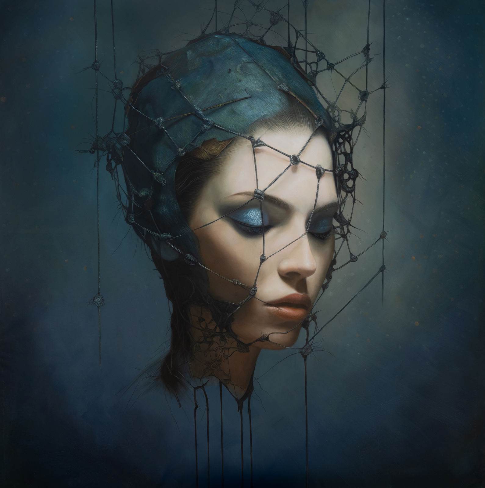 Female portrait close-up, head covered in metallic wire network with nodes, misty blue ground, eyes closed, 116×116 cm.
