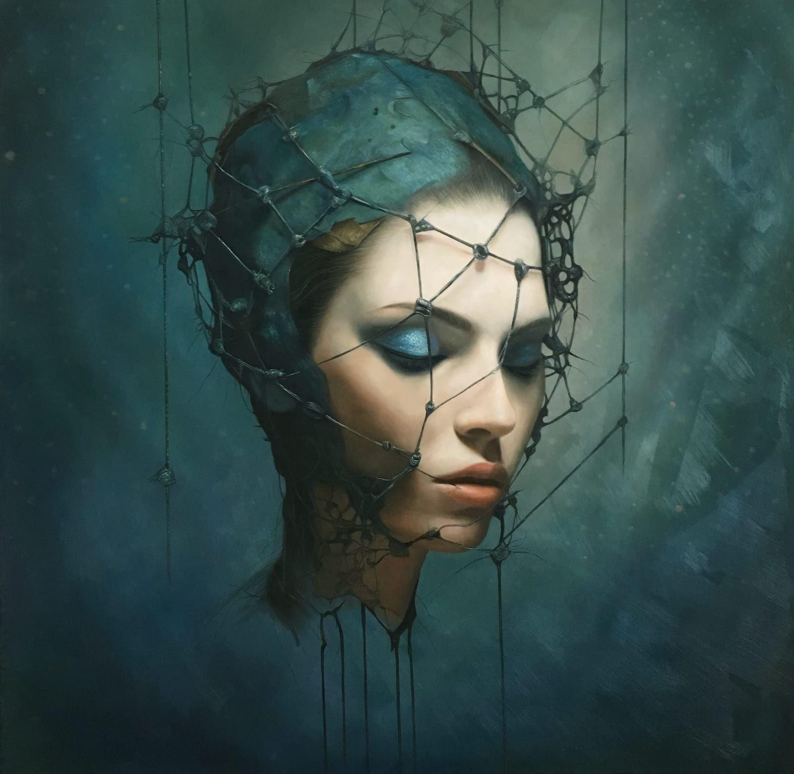 A figure in profile with eyes closed, the head wrapped in a geometric net of lines, against a blue ground, oil on canvas by Jehan Legac.