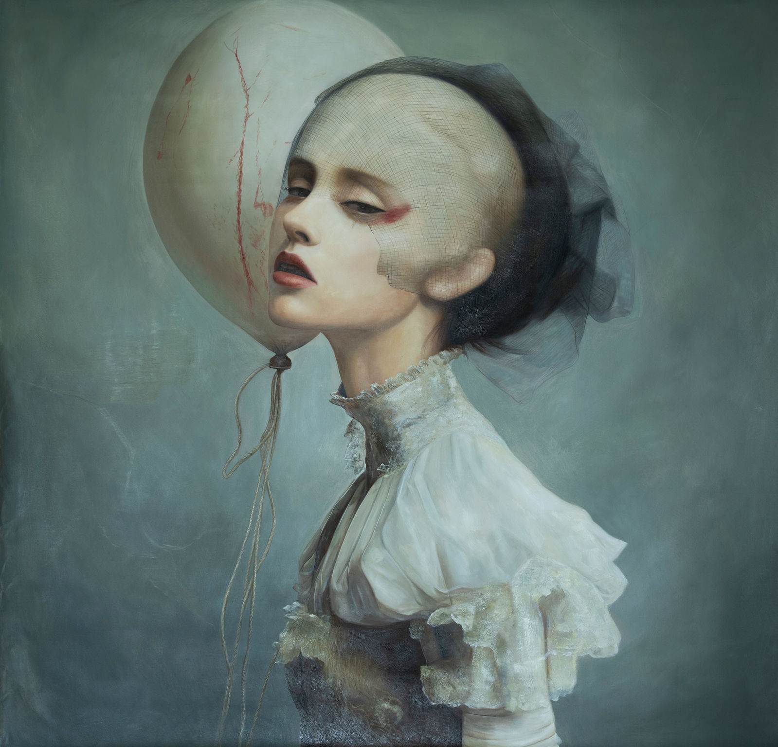 Female three-quarter portrait, ivory balloon with red veins merging with the face, black tulle veil, white Victorian lace costume, grey-blue ground, 150 × 150 cm