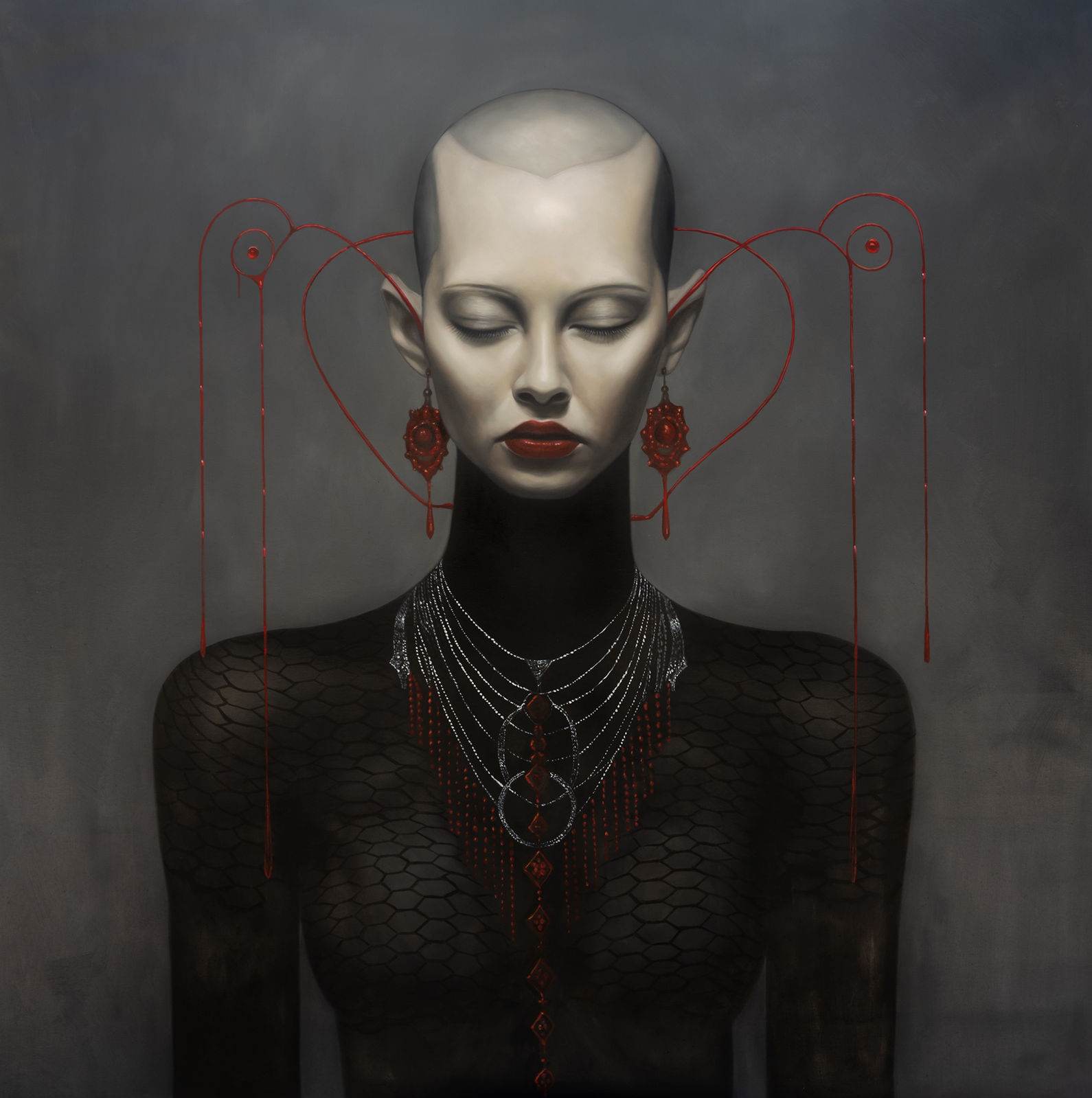 Female portrait facing viewer, shaved skull with red threads forming symmetrical hearts, closed eyes, black hexagonal suit, silver and red necklace, grey ground.