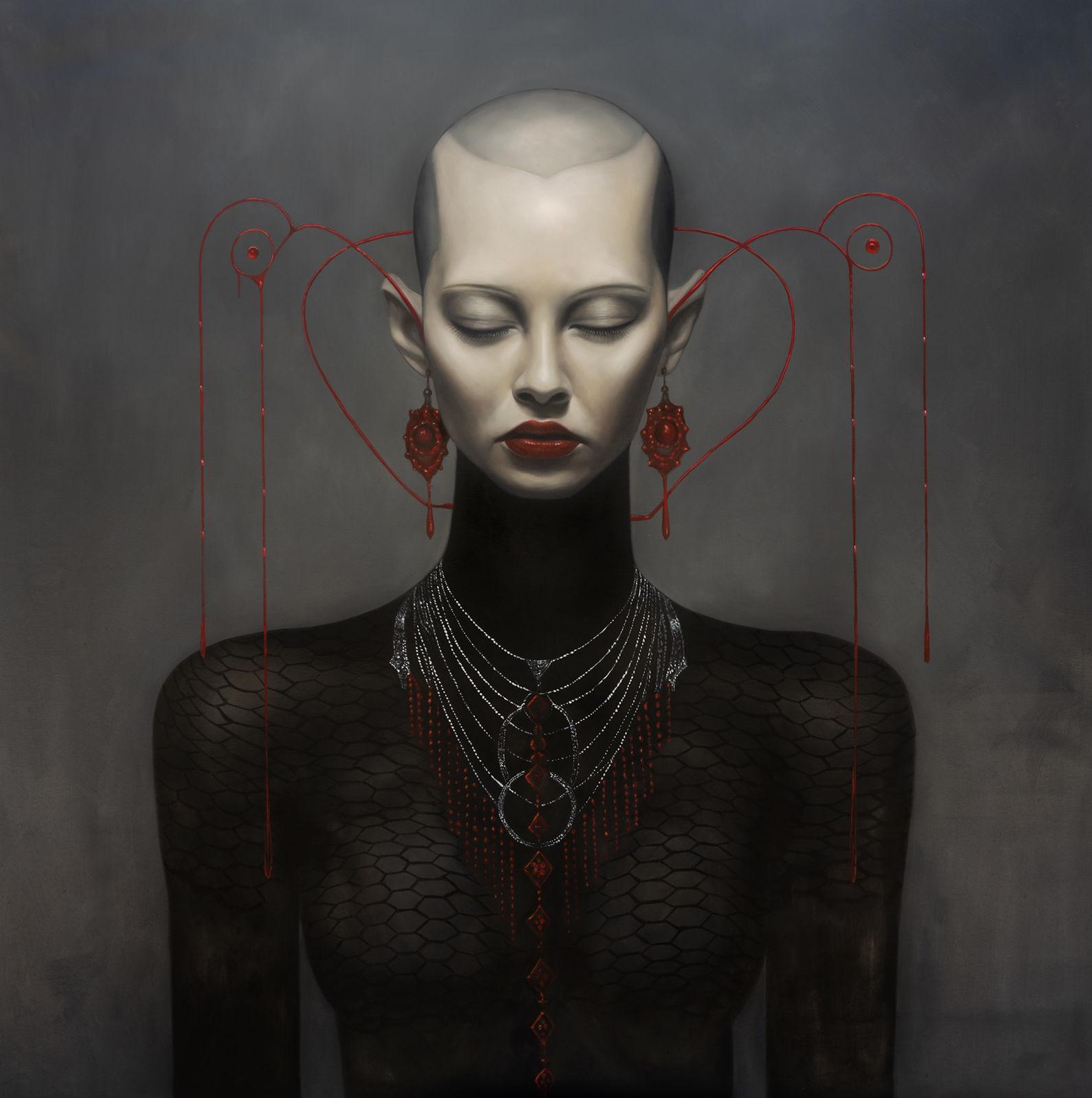 Female portrait facing viewer, shaved skull with red threads forming symmetrical hearts, closed eyes, black hexagonal suit, silver and red necklace, grey ground.