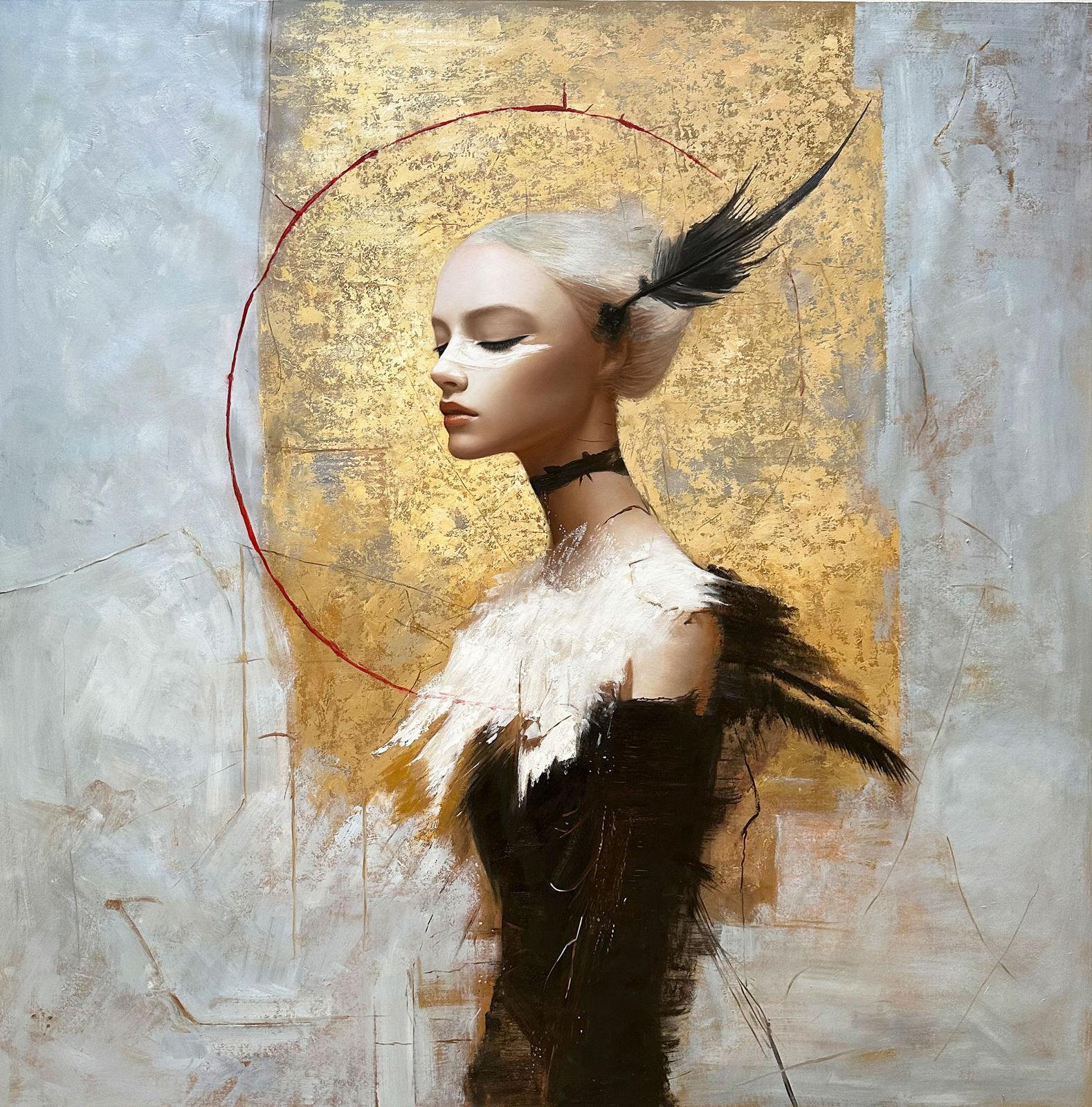 Female profile portrait, divided ground, gestural red circle, black feather, shoulder feathers, choker, 150 × 150 cm