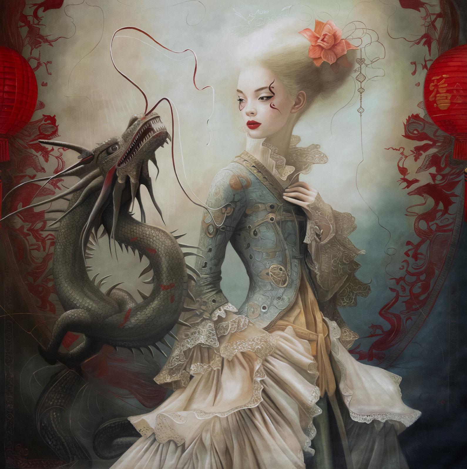 Elegant woman in baroque ivory and grey dress with red theatrical make-up, grey-green dragon to her left, red lanterns, misty ground, 150×150 cm.