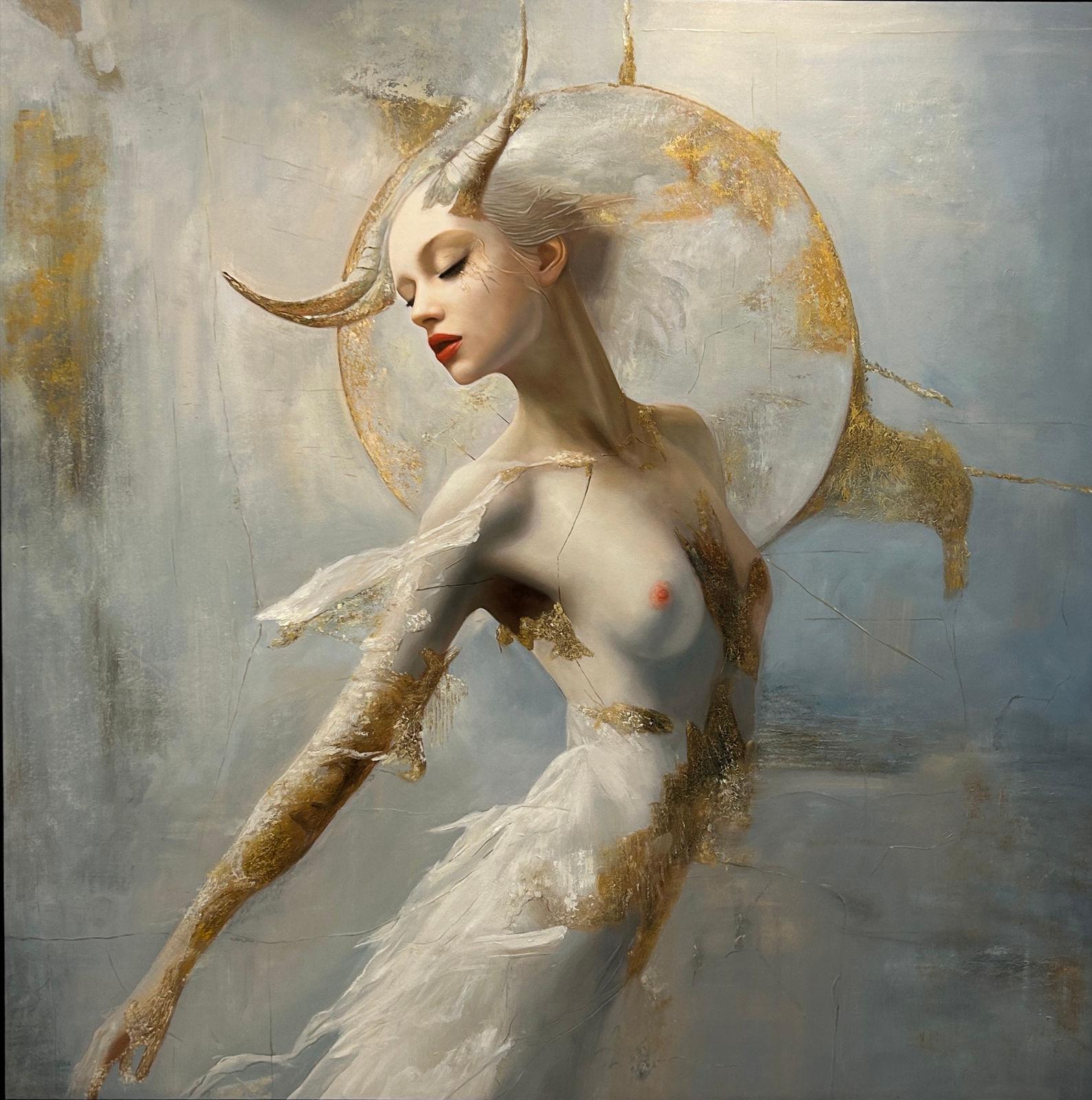 Female mythological figure with white horns, gold halo, feather and fur wings, gold leaf on skin, textured grey ground, 150 × 150 cm