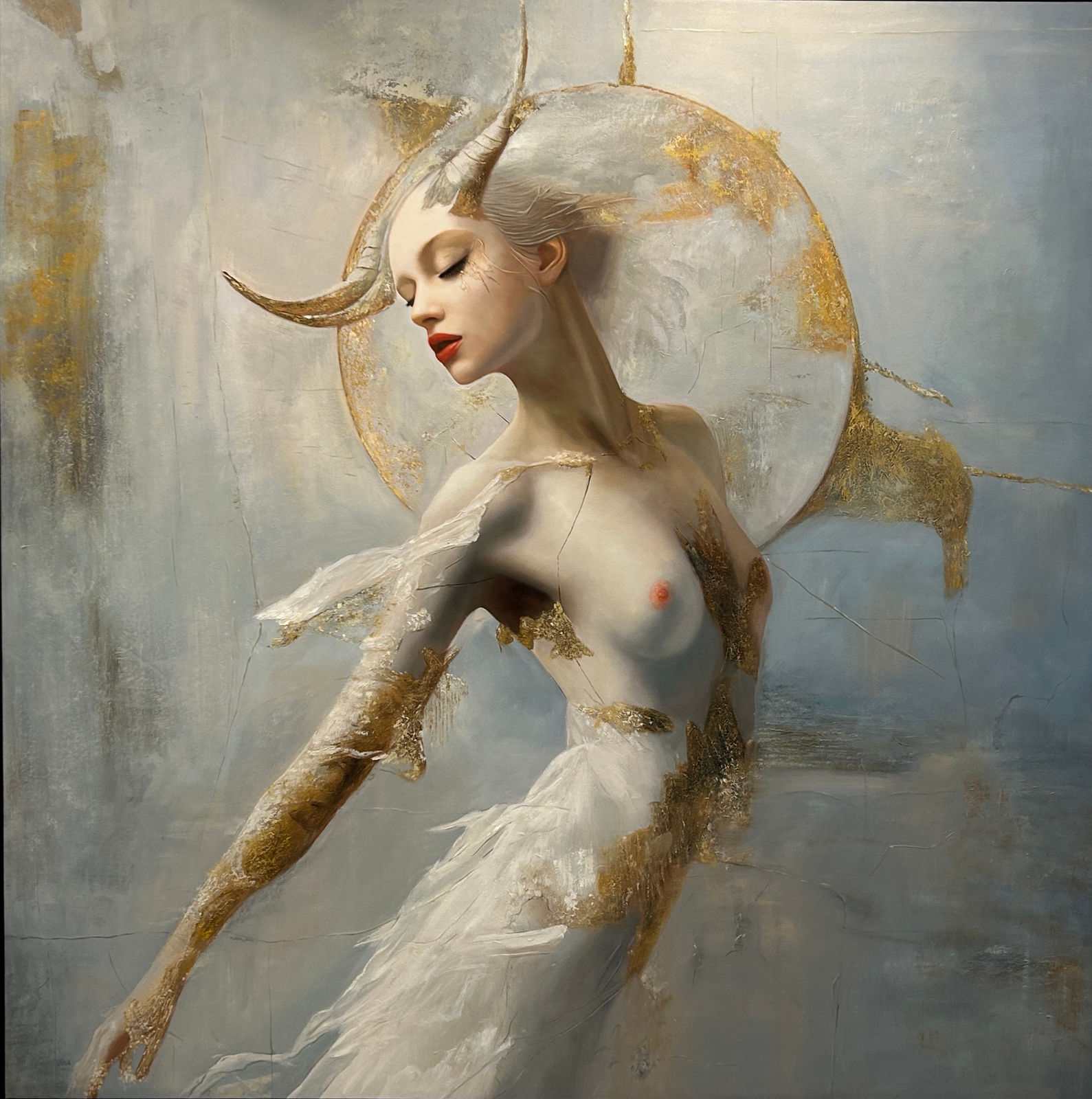 Female mythological figure with white horns, gold halo, feather and fur wings, gold leaf on skin, textured grey ground, 150 × 150 cm