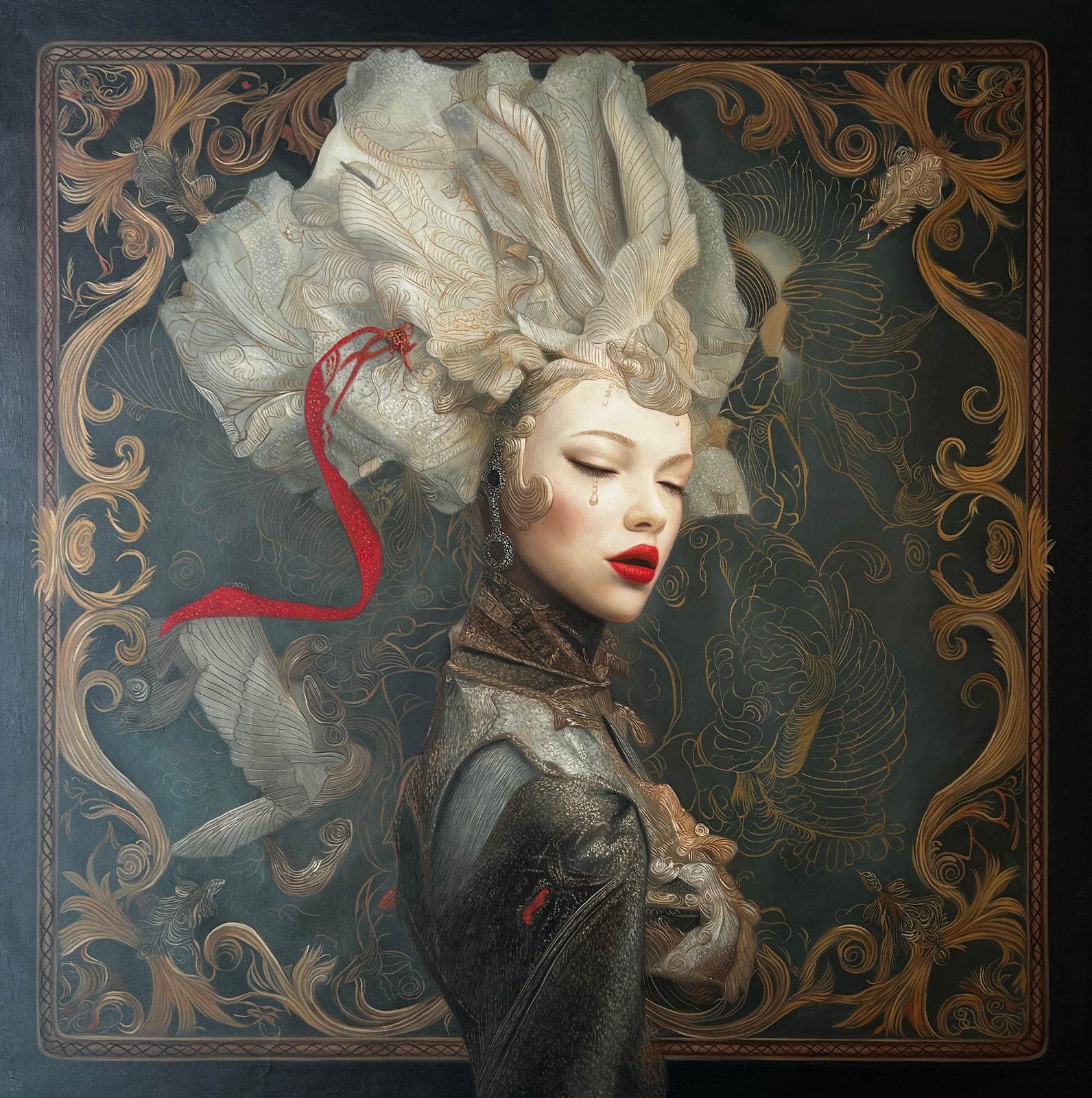 Female three-quarter portrait, monumental white feather headdress with red ribbon, closed eyes, red lips, tear, integrated gilded baroque frame, bird-engraved ground, 120 × 120 cm