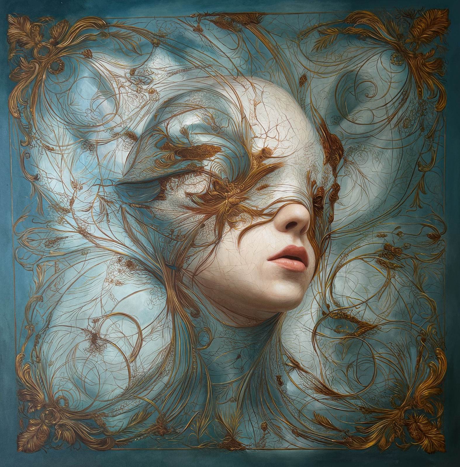 Female face tilted back, explosive golden arabesques, winged butterfly over closed eyes, teal ground, integrated gold baroque frame, 120 × 120 cm