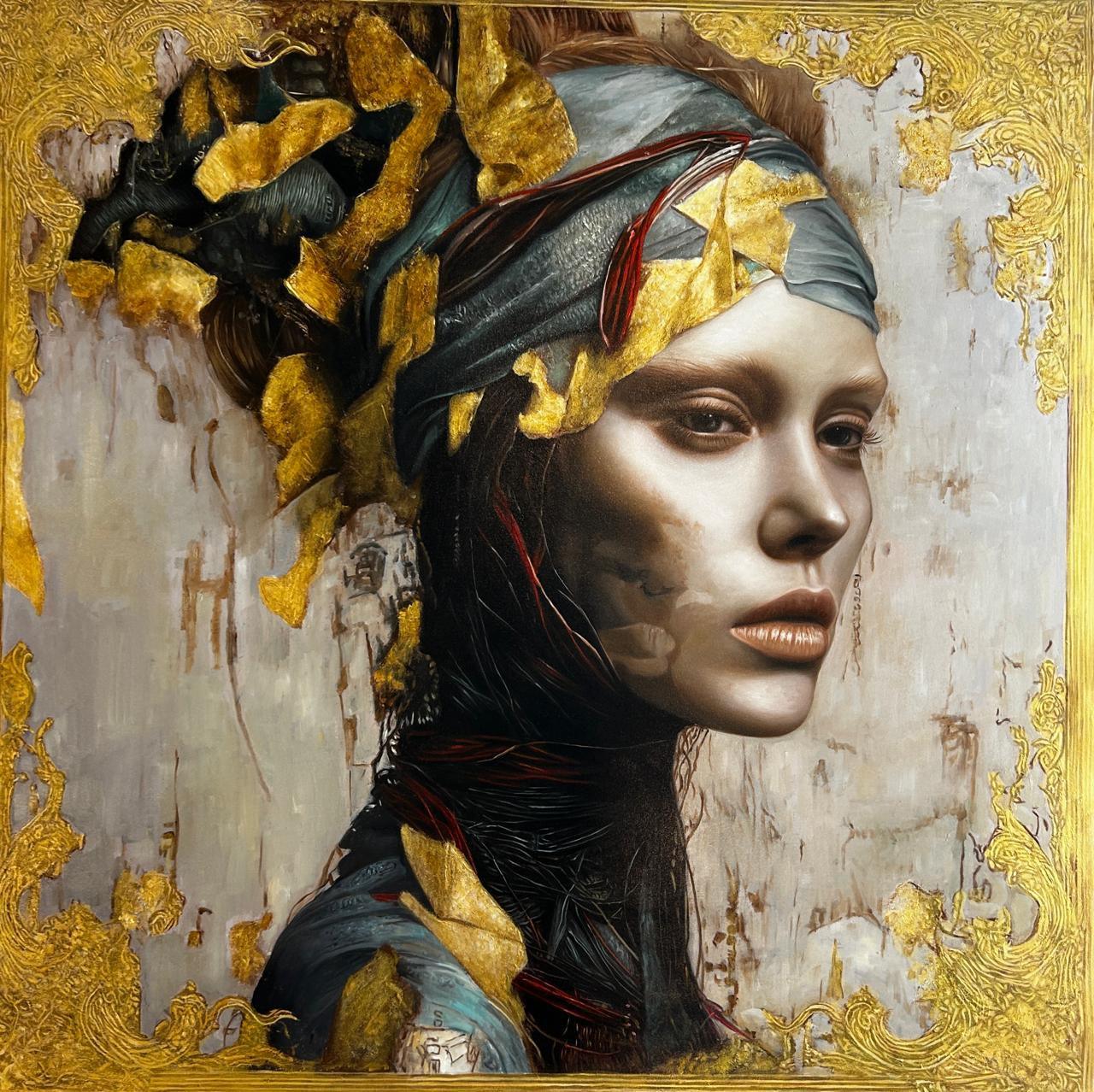Three-quarter female portrait, direct gaze, dark headband with gold fragments, dark dress with red threads, gilded baroque frame, 120 × 120 cm.