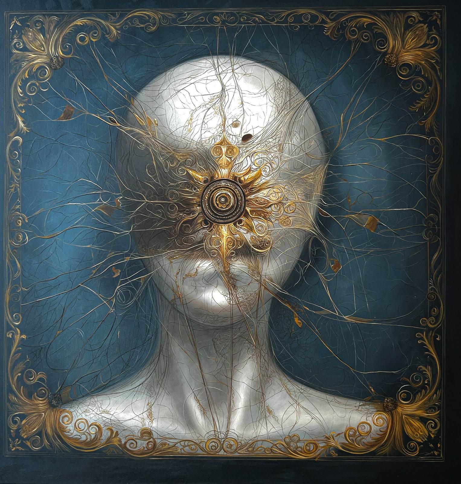 Smooth white-silver head without face, golden solar wheel replacing the eyes, white veins, teal ground, gilded baroque frame, 120 × 120 cm