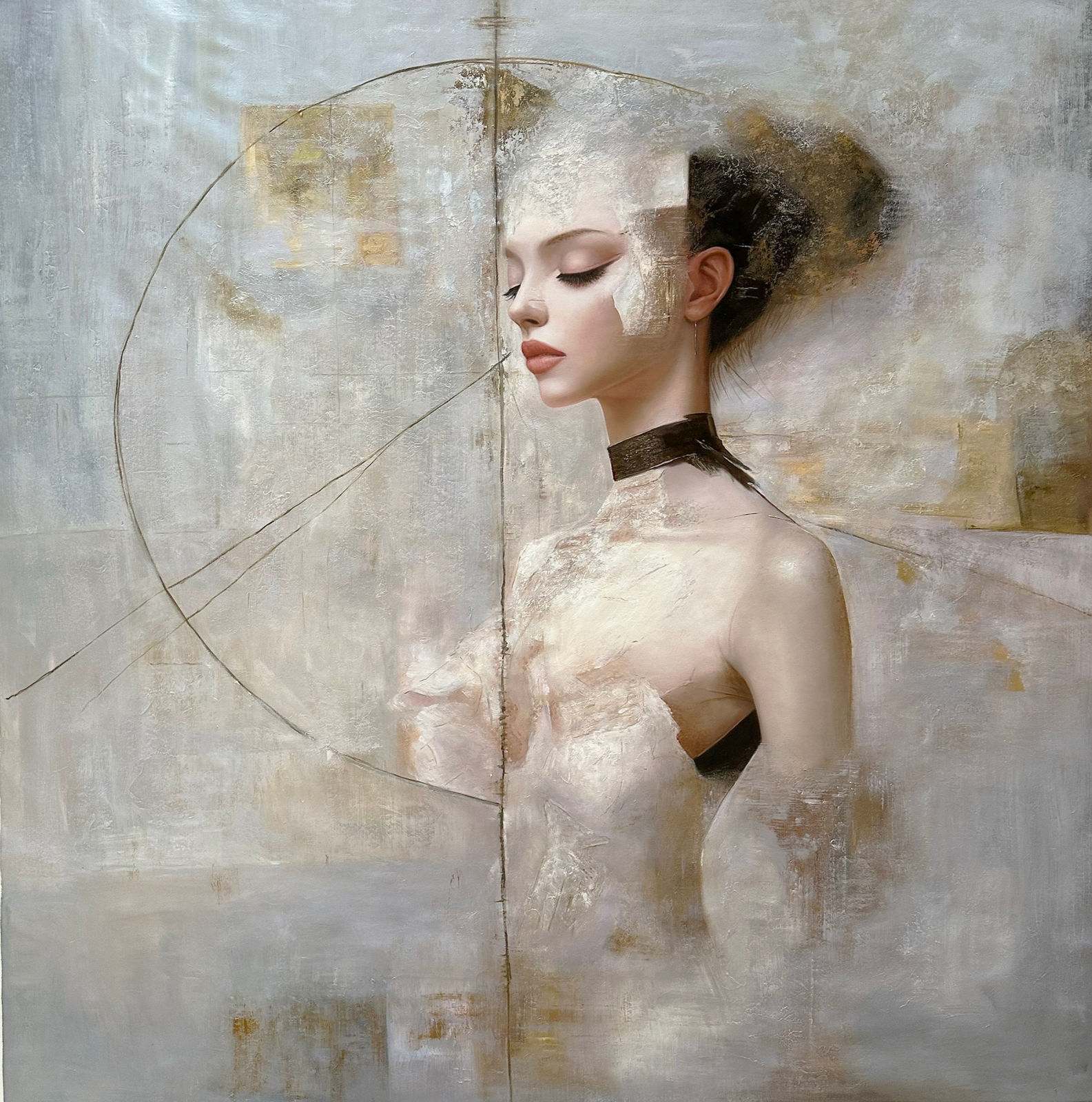 Retrato femenino de tres cuartos sobre fondo marfil dividido, círculo geométrico grabado, rectángulo oscuro arriba a la derecha, pan de oro, 150 × 150 cm